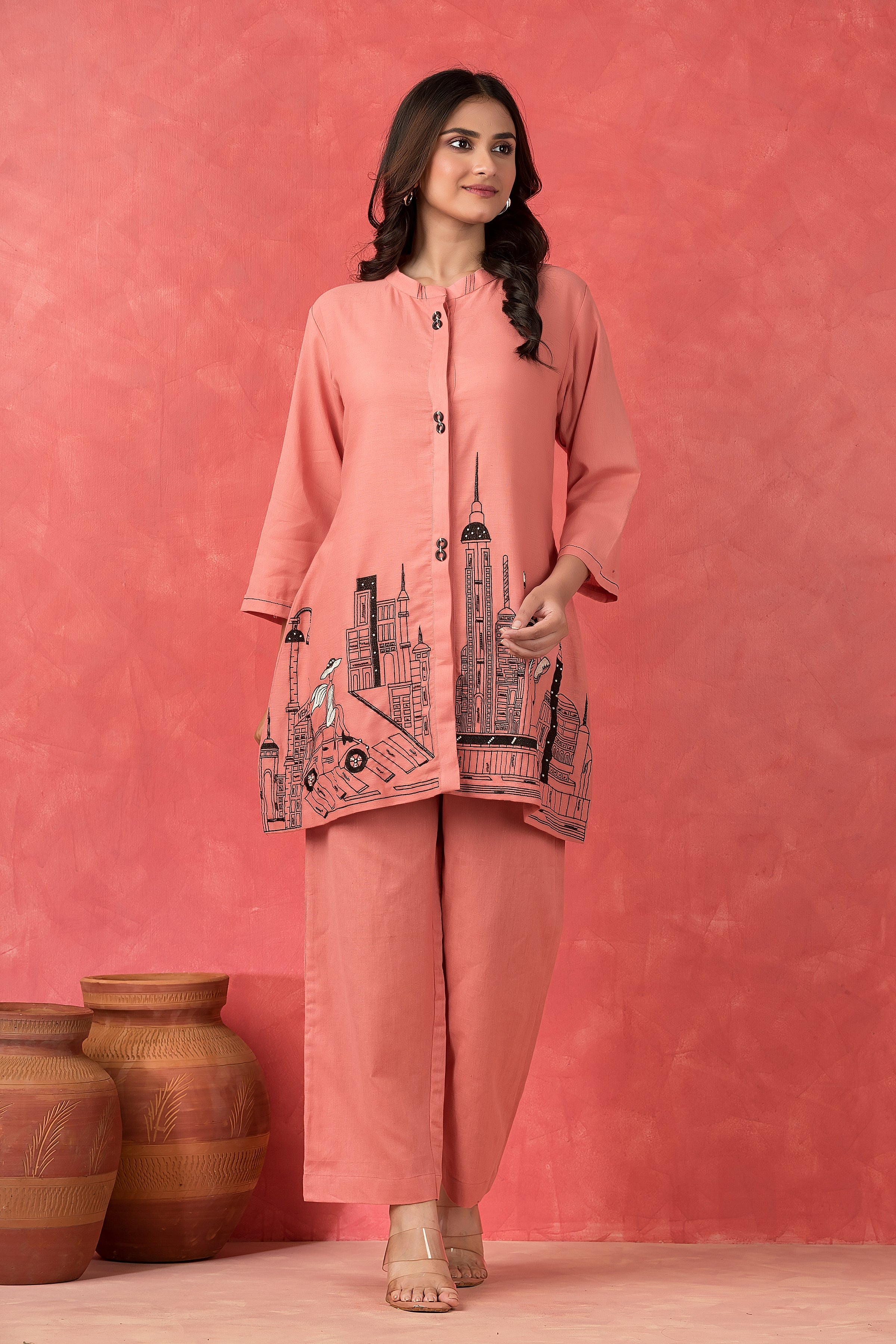 Peach Pink Printed Cotton Co-Ord Set