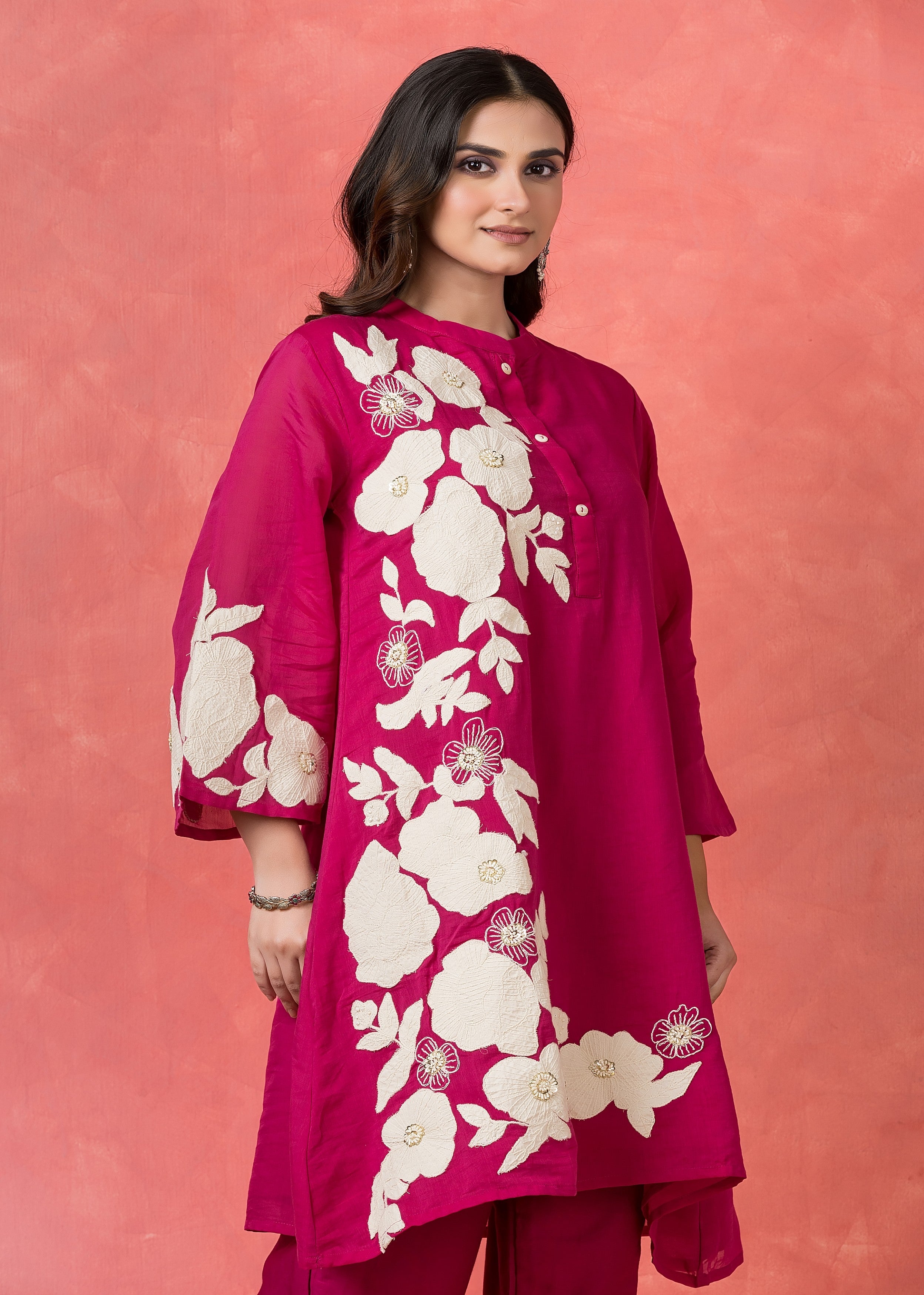 Dark Hot Pink Embroidered Mul Chanderi Co-Ord Set