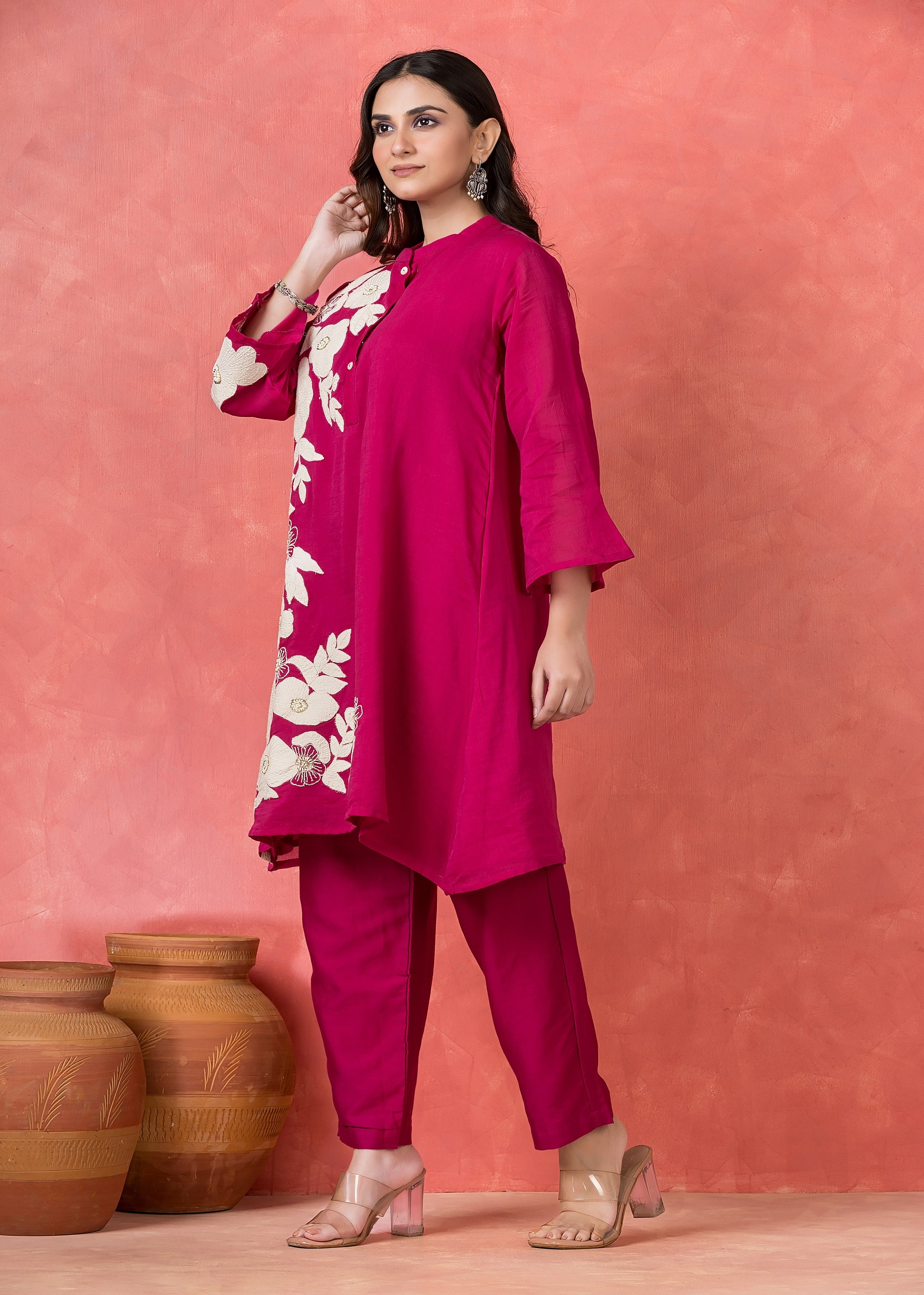 Dark Hot Pink Embroidered Mul Chanderi Co-Ord Set