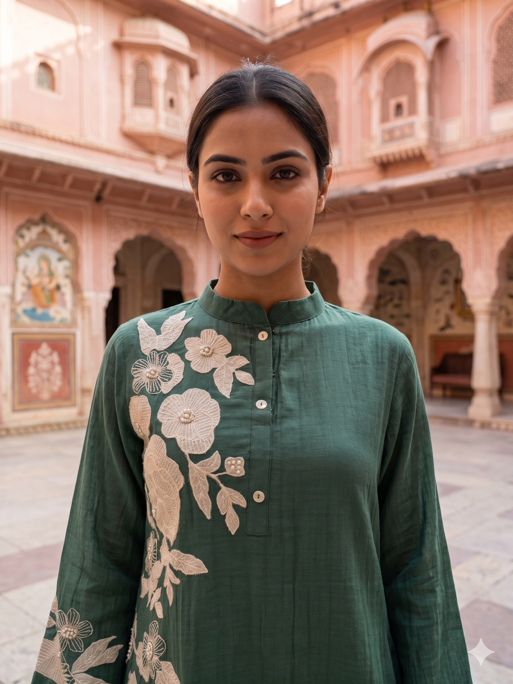 Emerald Floral Embroidered Mul-Cotton Kurta Set
