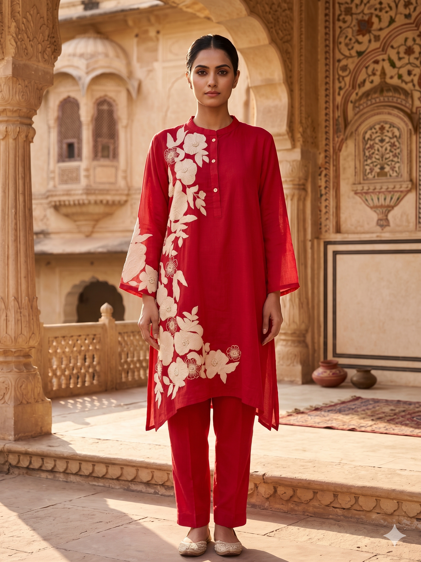 Crimson Floral Embroidered Mul-Cotton Kurta Set