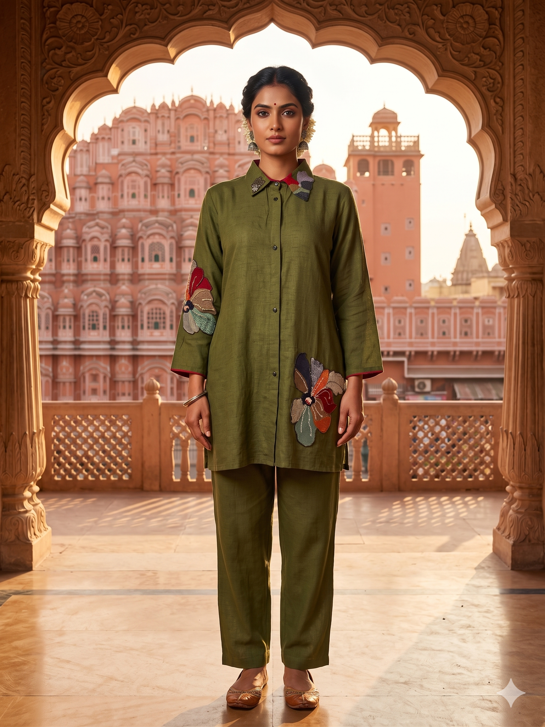 Olive Medallion Embroidered Dola Silk Kurta Set