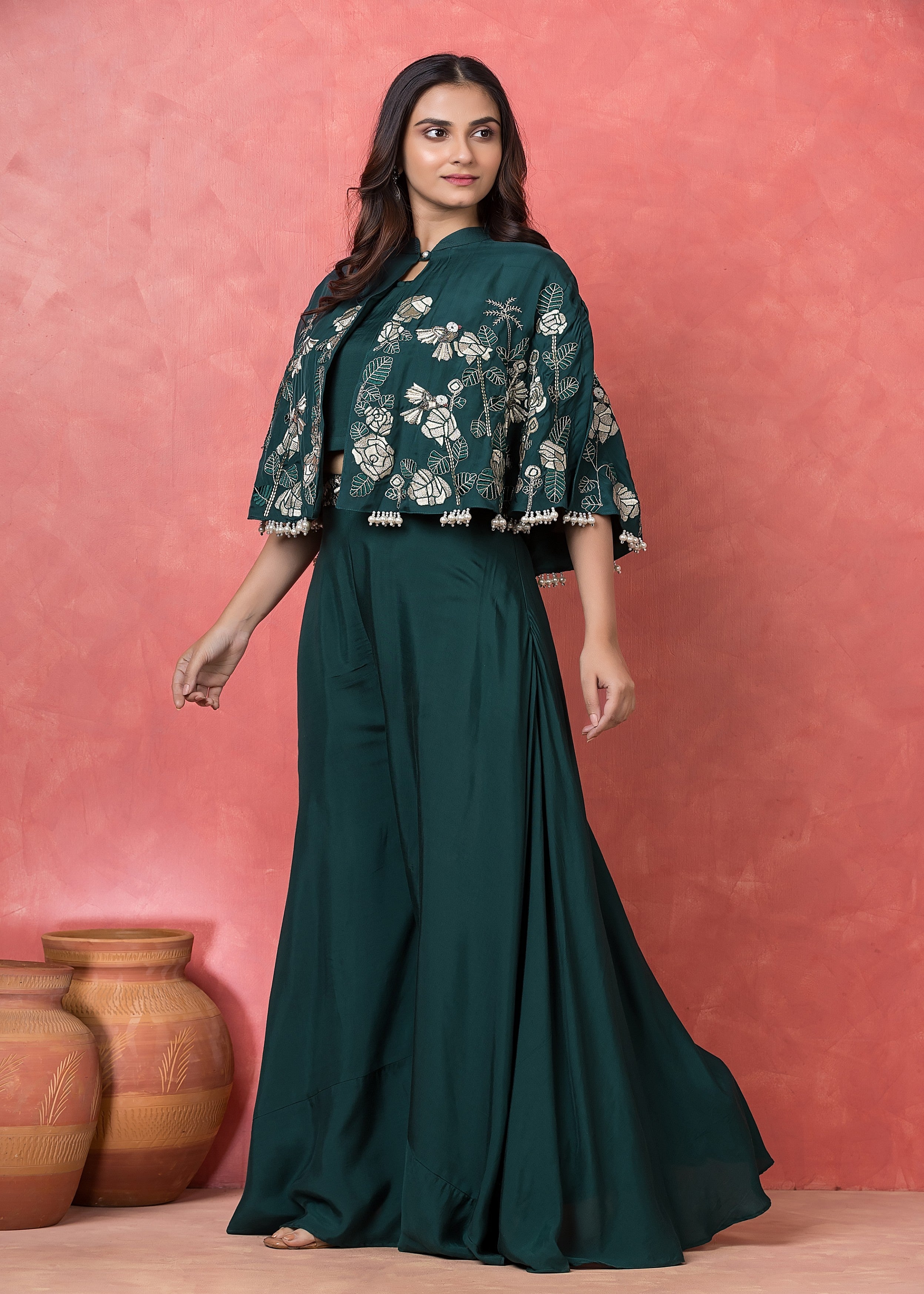 Emerald Green Embroidered Muslin Silk Co-Ord Set