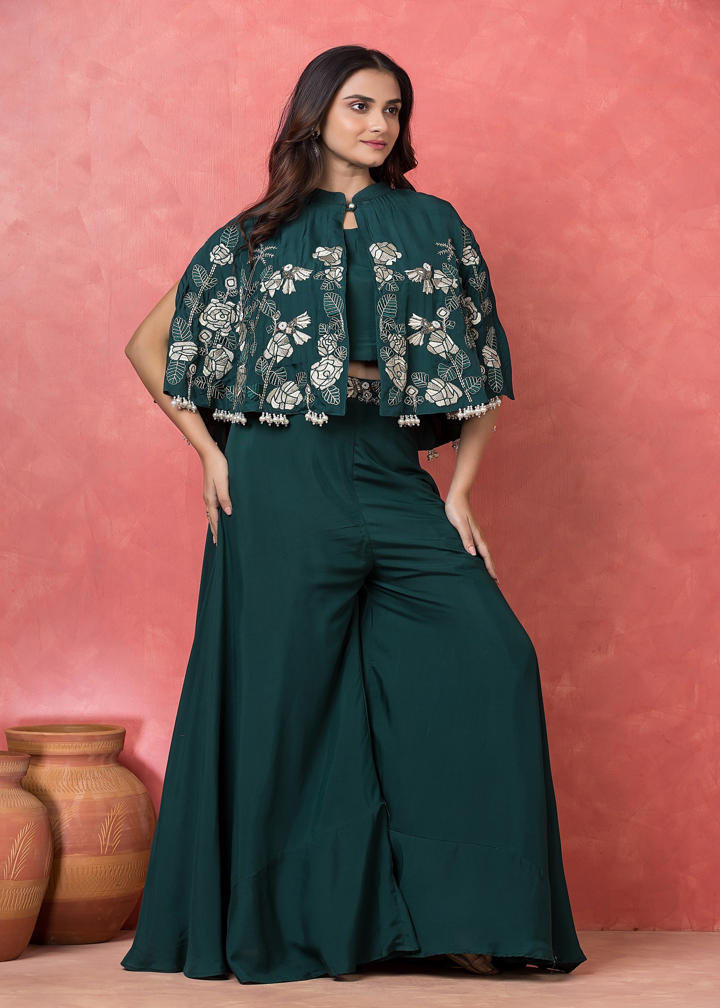 Emerald Green Embroidered Muslin Silk Co-Ord Set