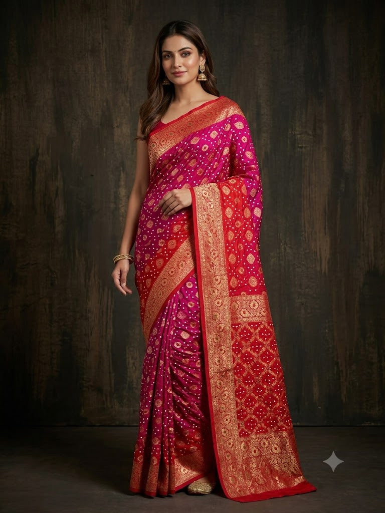 Vibrant Red Bandhej Printed Premium Silk Saree