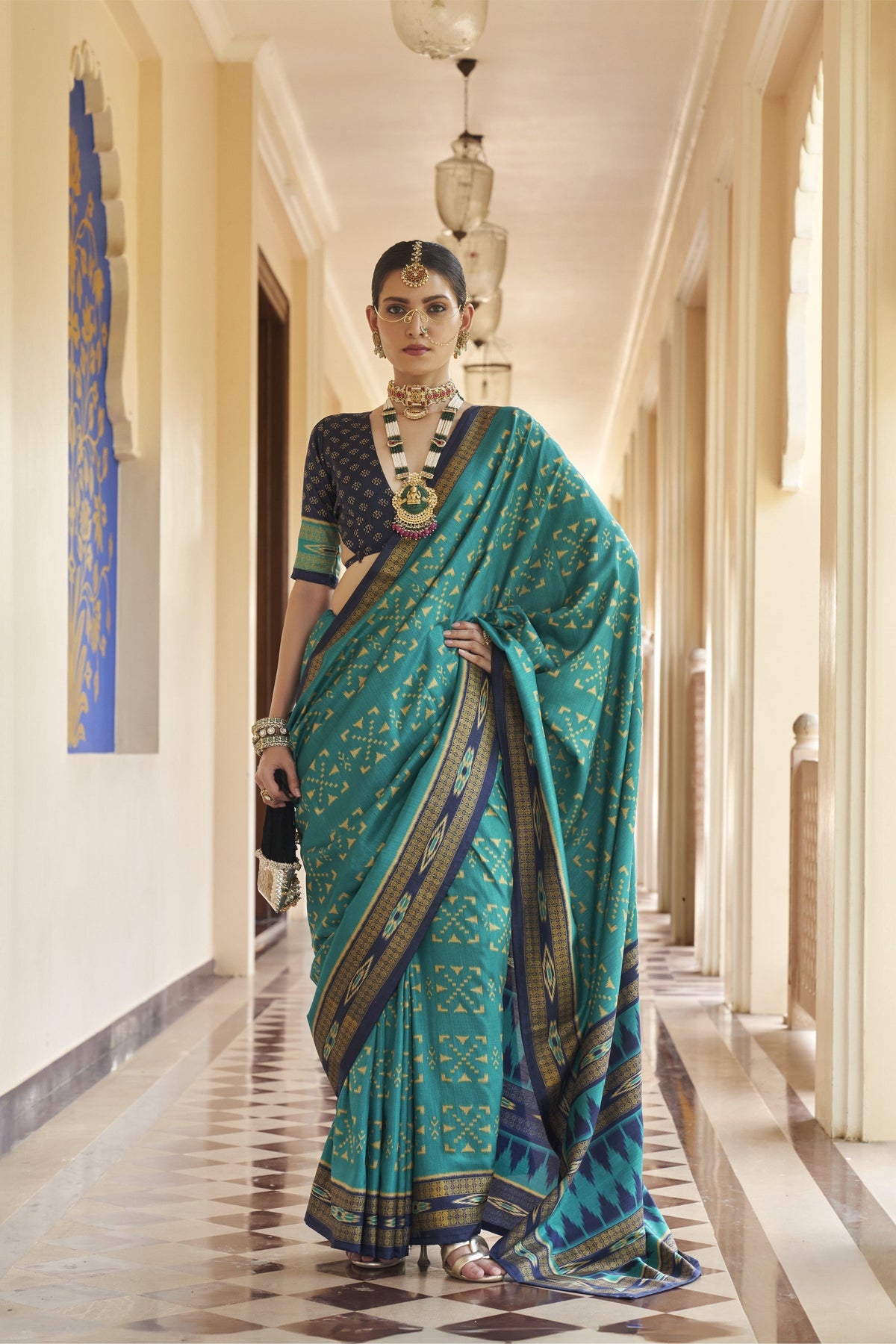Aqua Teal Printed Premium Silk Saree