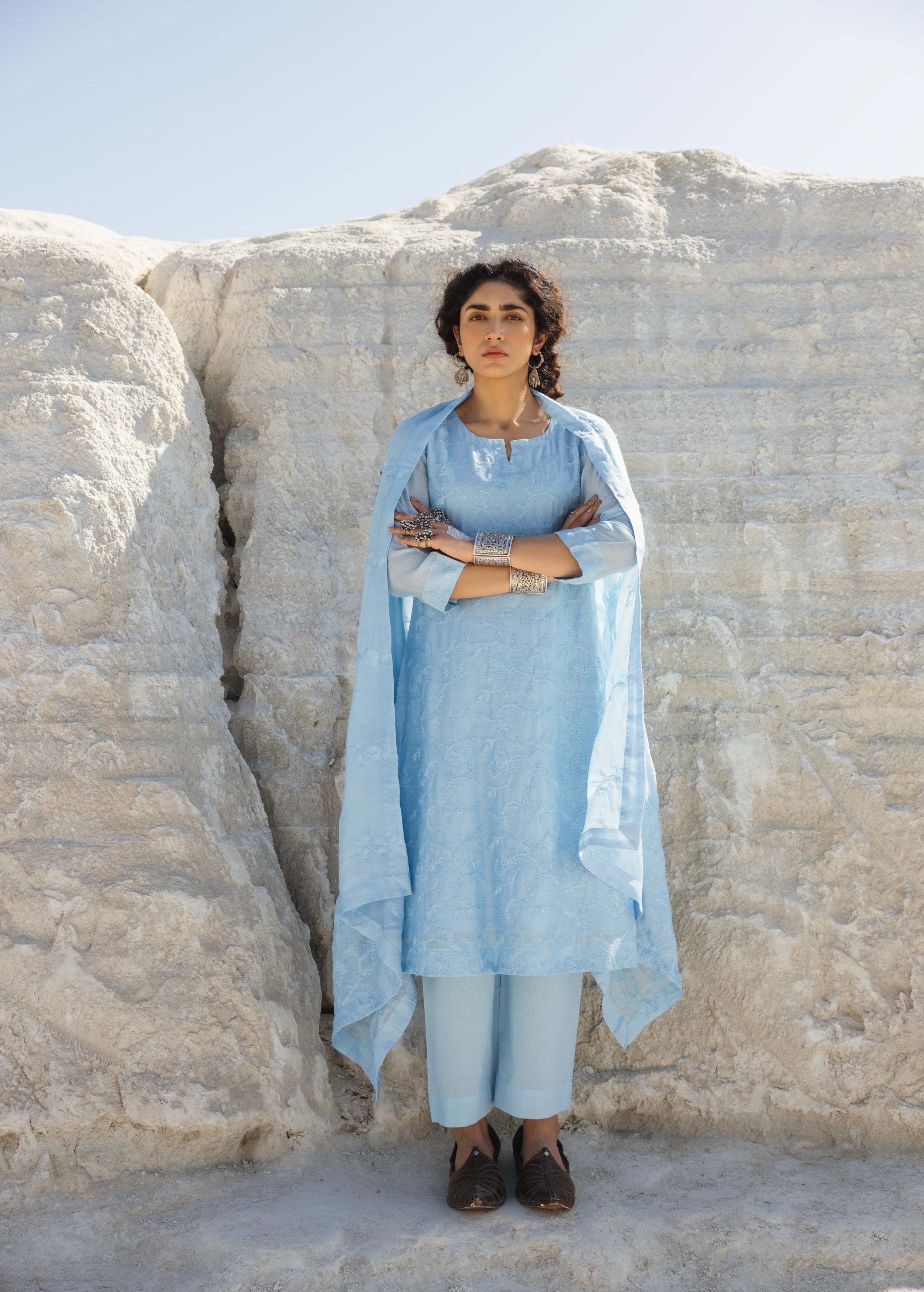 Sky Blue Embroidered Mul-Chanderi Silk Pant Set
