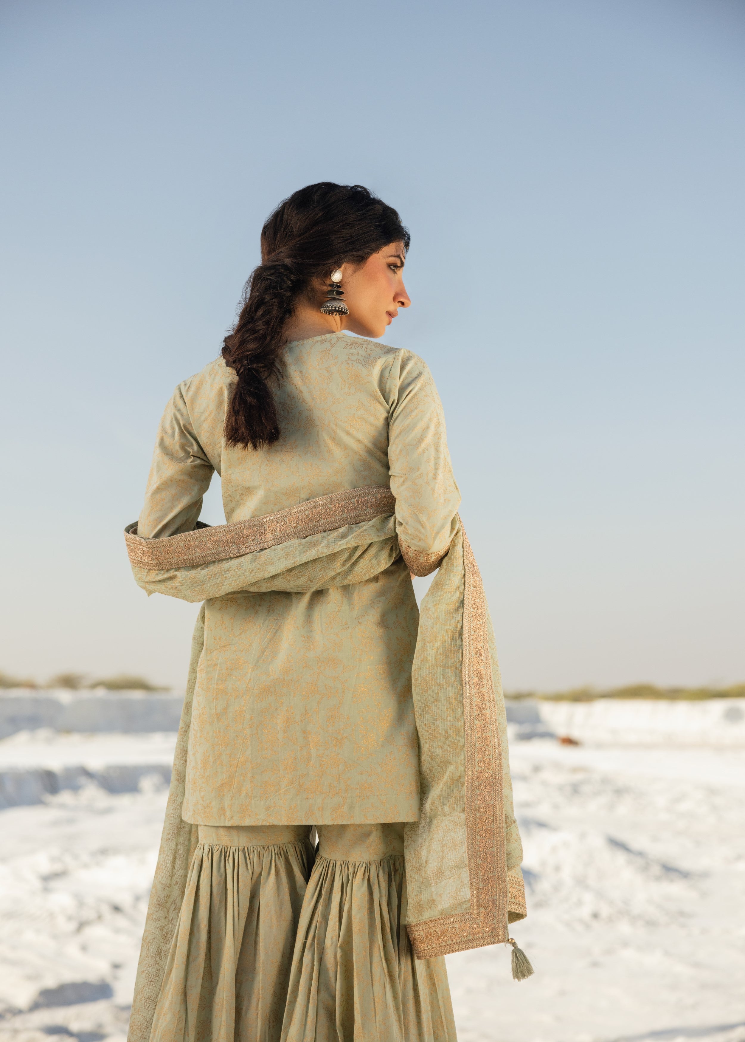 Light Green Printed Organic Cotton Sharara Set