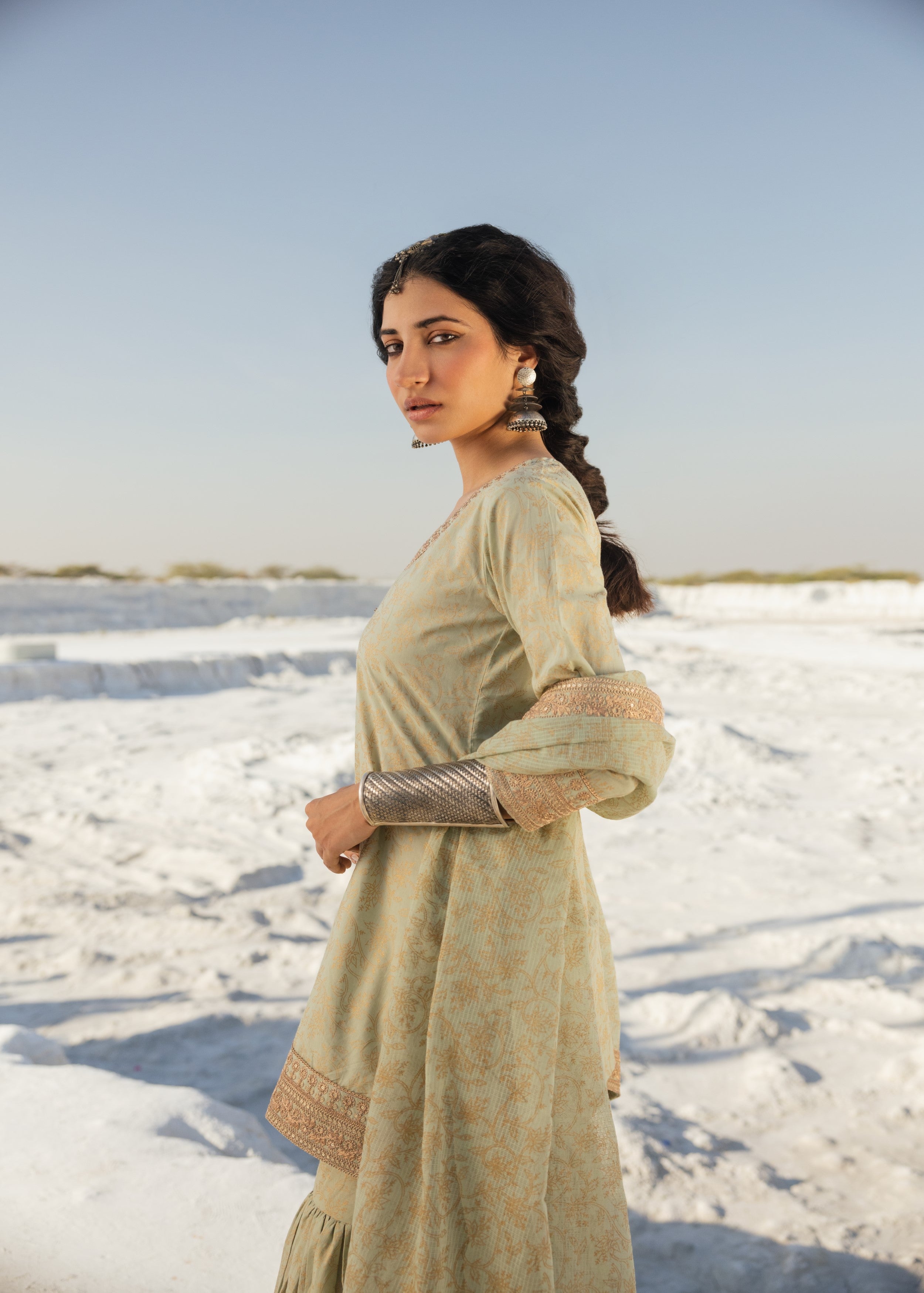 Light Green Printed Organic Cotton Sharara Set