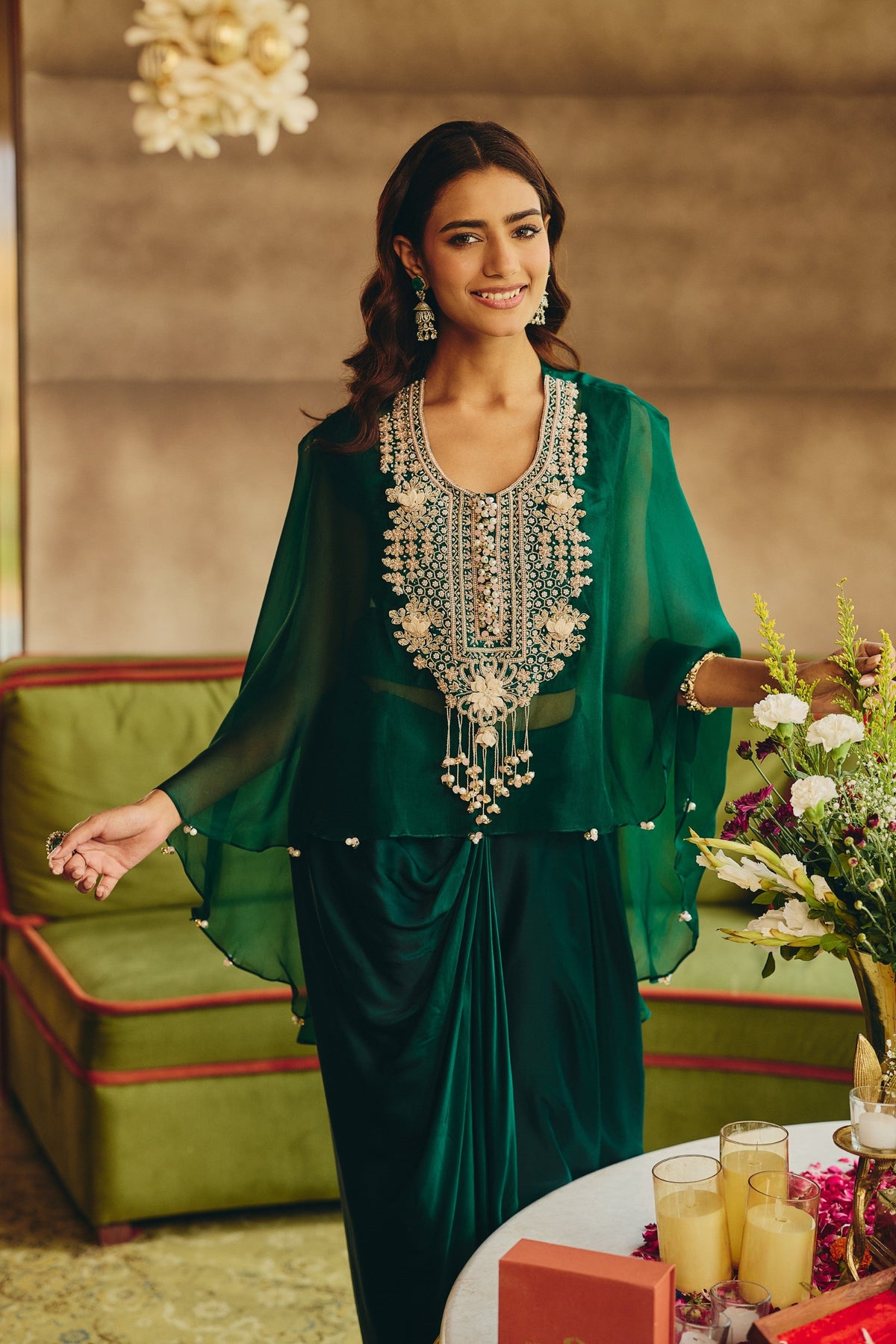 Forest Green Emebellished Satin Silk Skirt Set