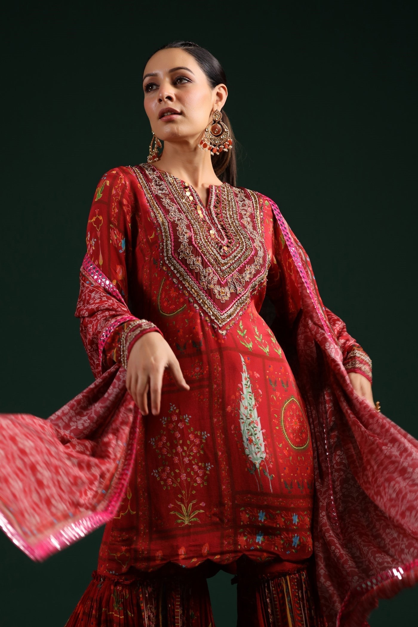 Ruby Red Wrinkled Chinon Silk Printed Sharara Set