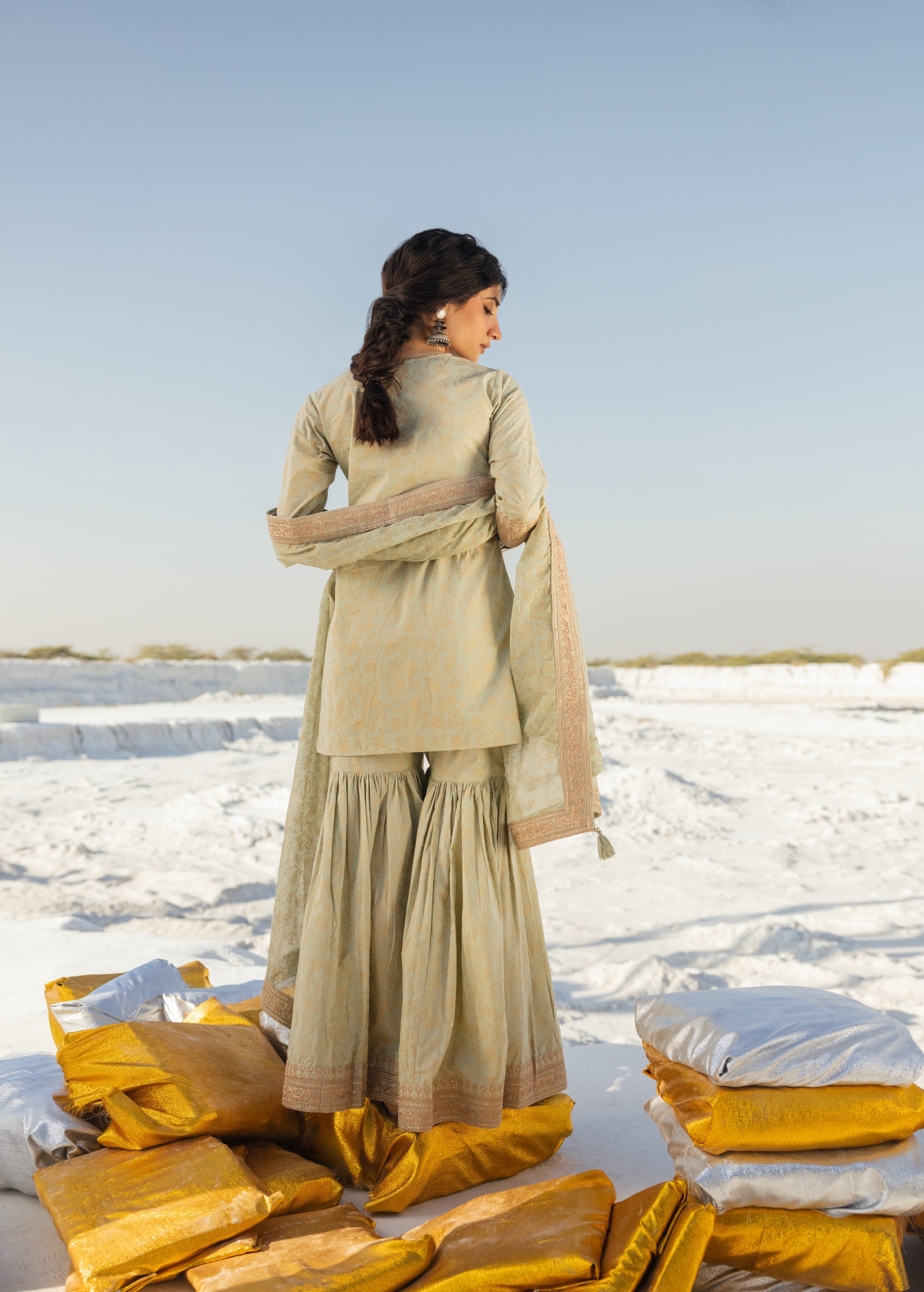 Light Green Printed Organic Cotton Sharara Set