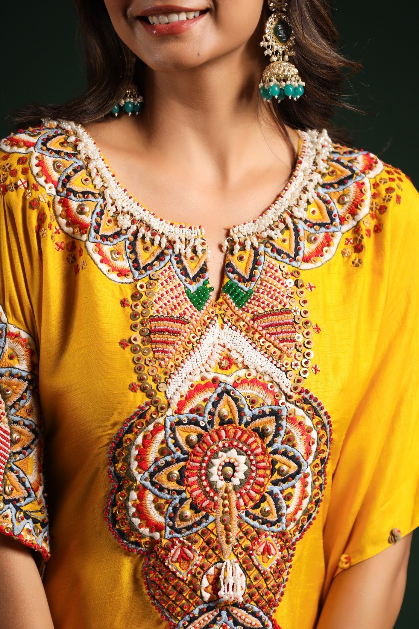 Festive Yellow Embellished Kaftan Pants Set