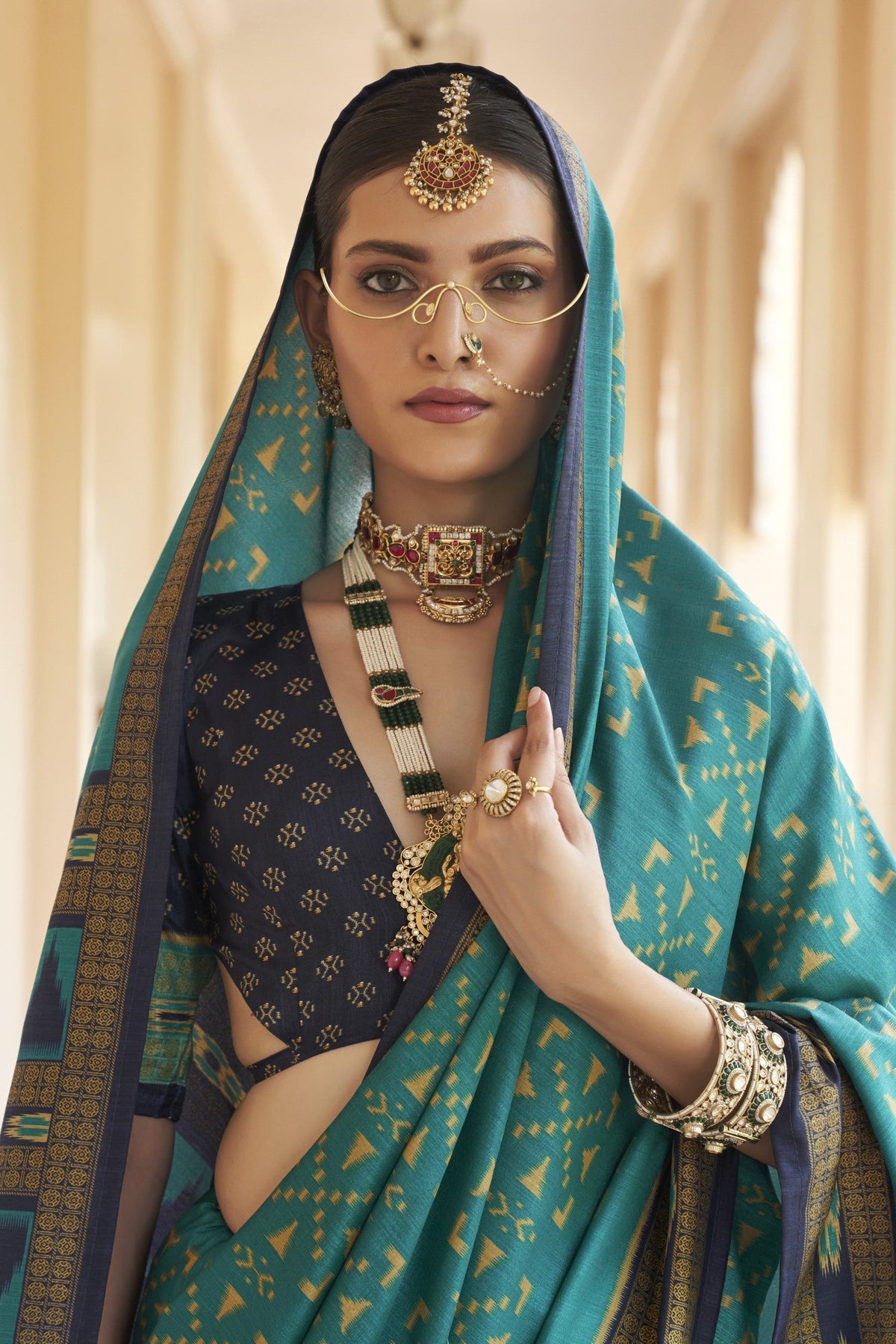 Aqua Teal Printed Premium Silk Saree