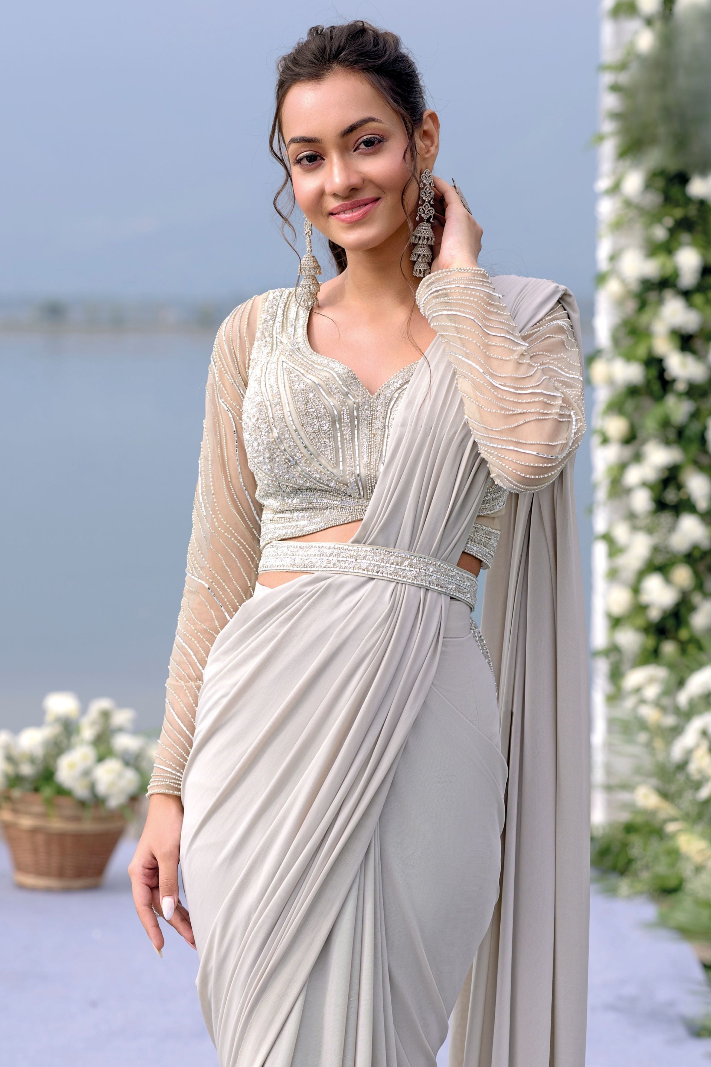 Sage Green Premium Net Draped Saree