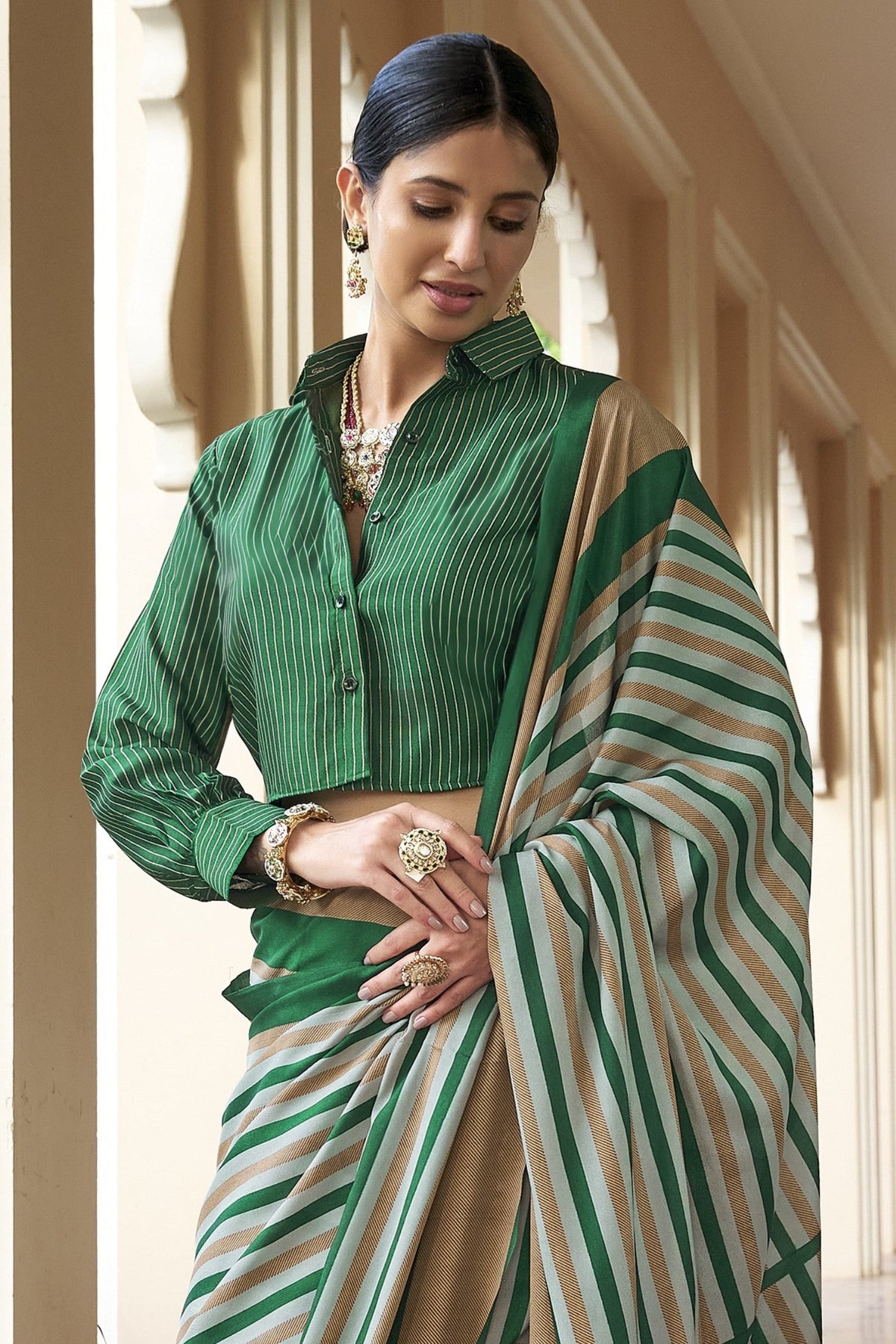 Emerald Green Printed Crepe Silk Saree