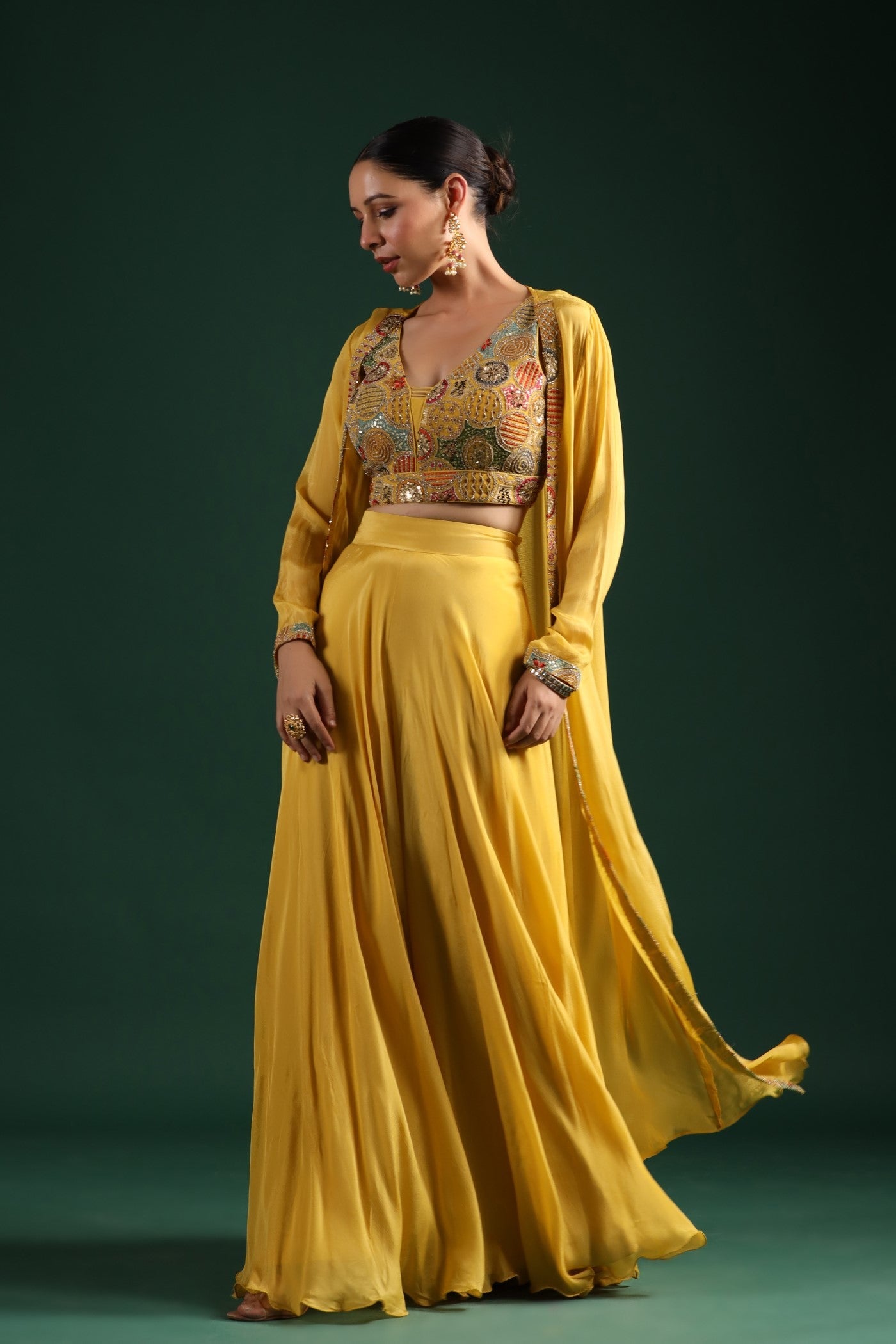 Festive Yellow Embroidered Cape Set