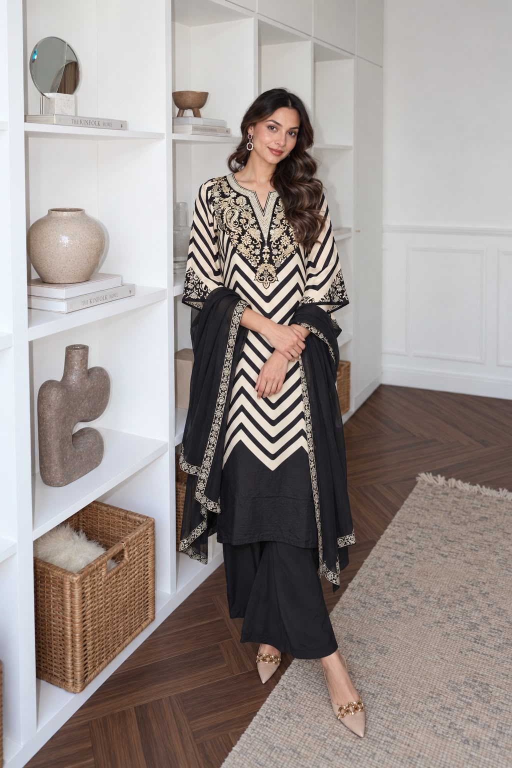 Noir Chevron Printed Crepe Silk Pant Set