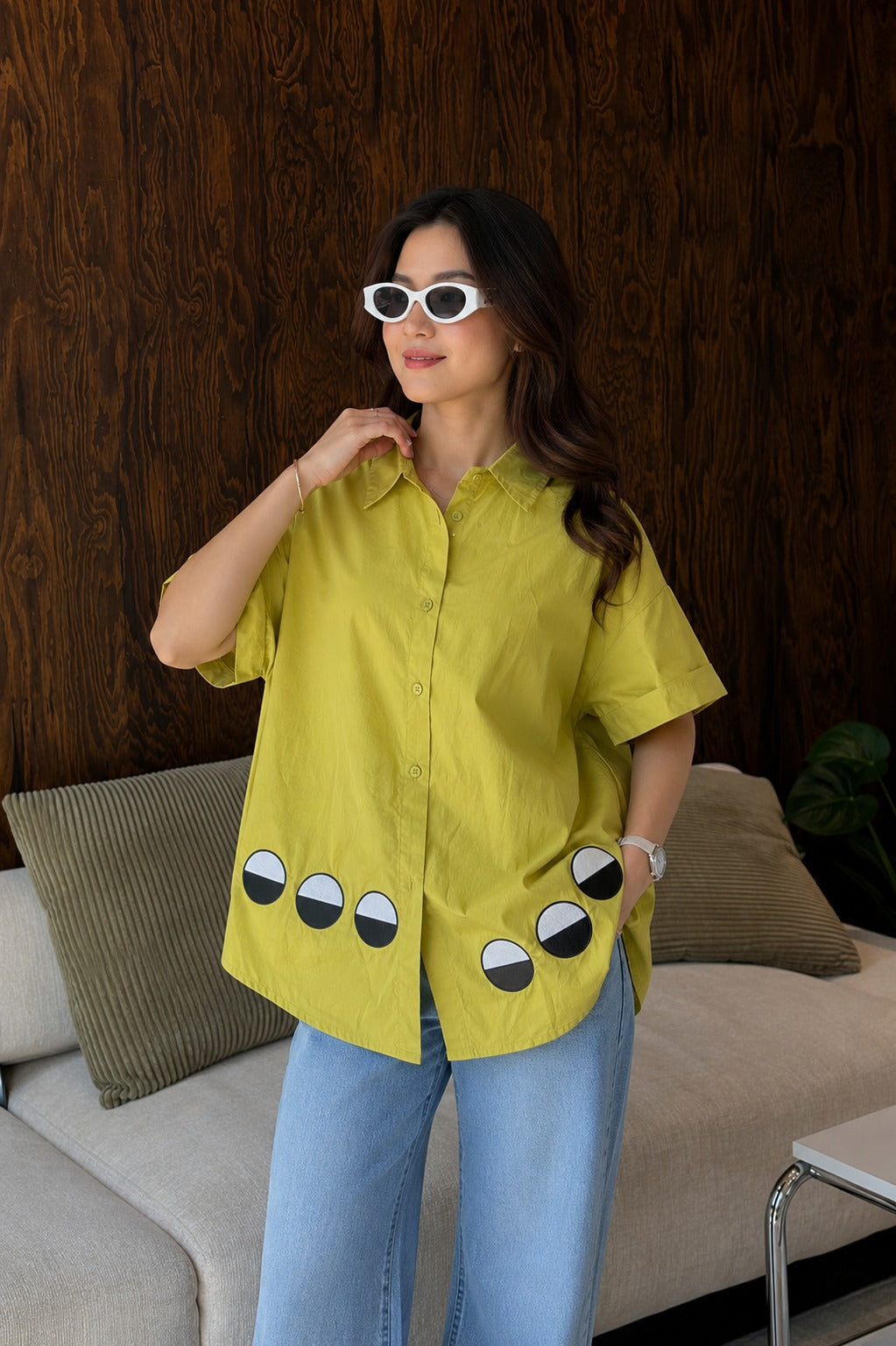 Chartreuse Green Graphic Applique Cotton Shirt