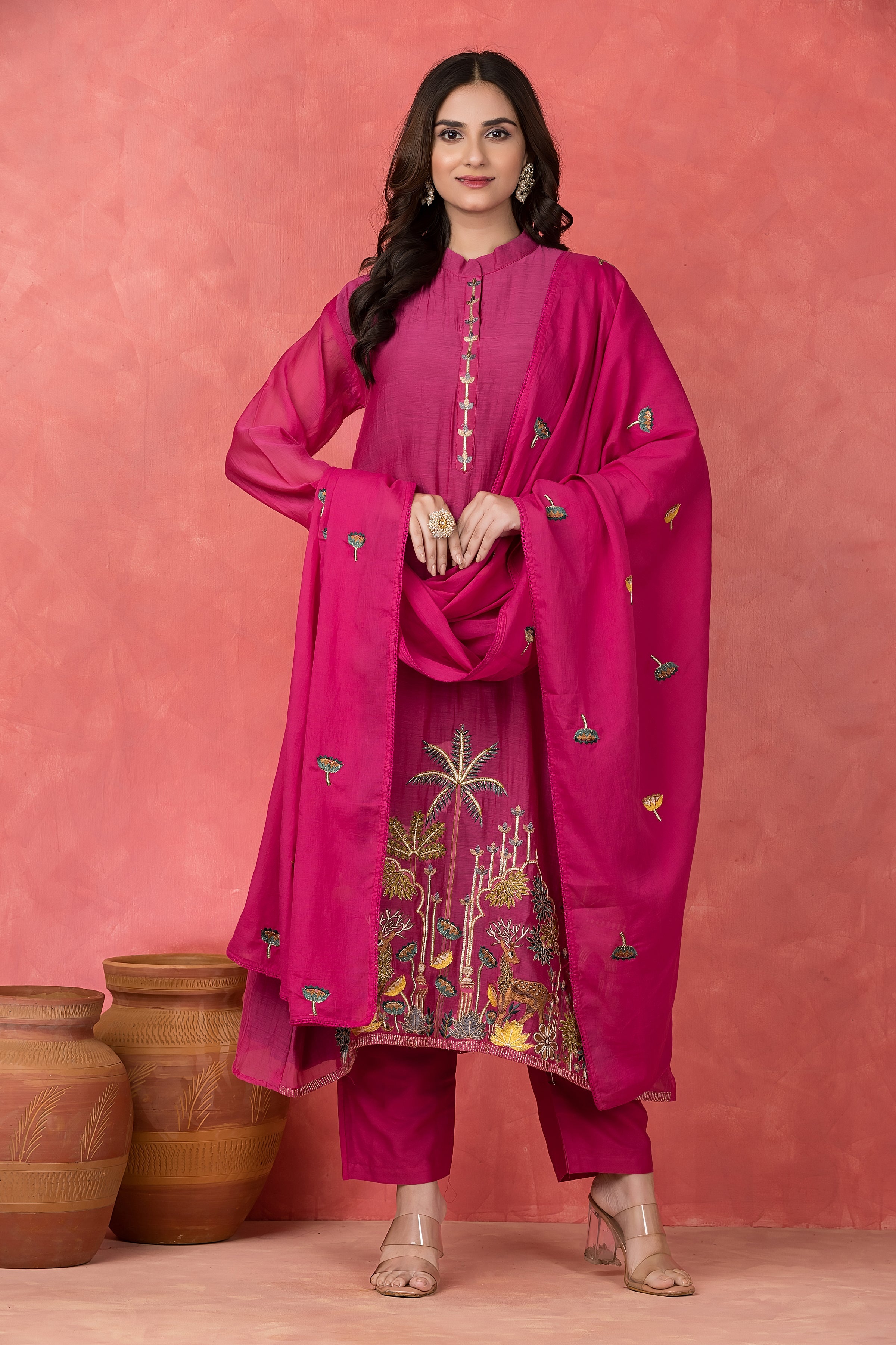 Magenta Embroidered Mul Chanderi Silk Pant Set