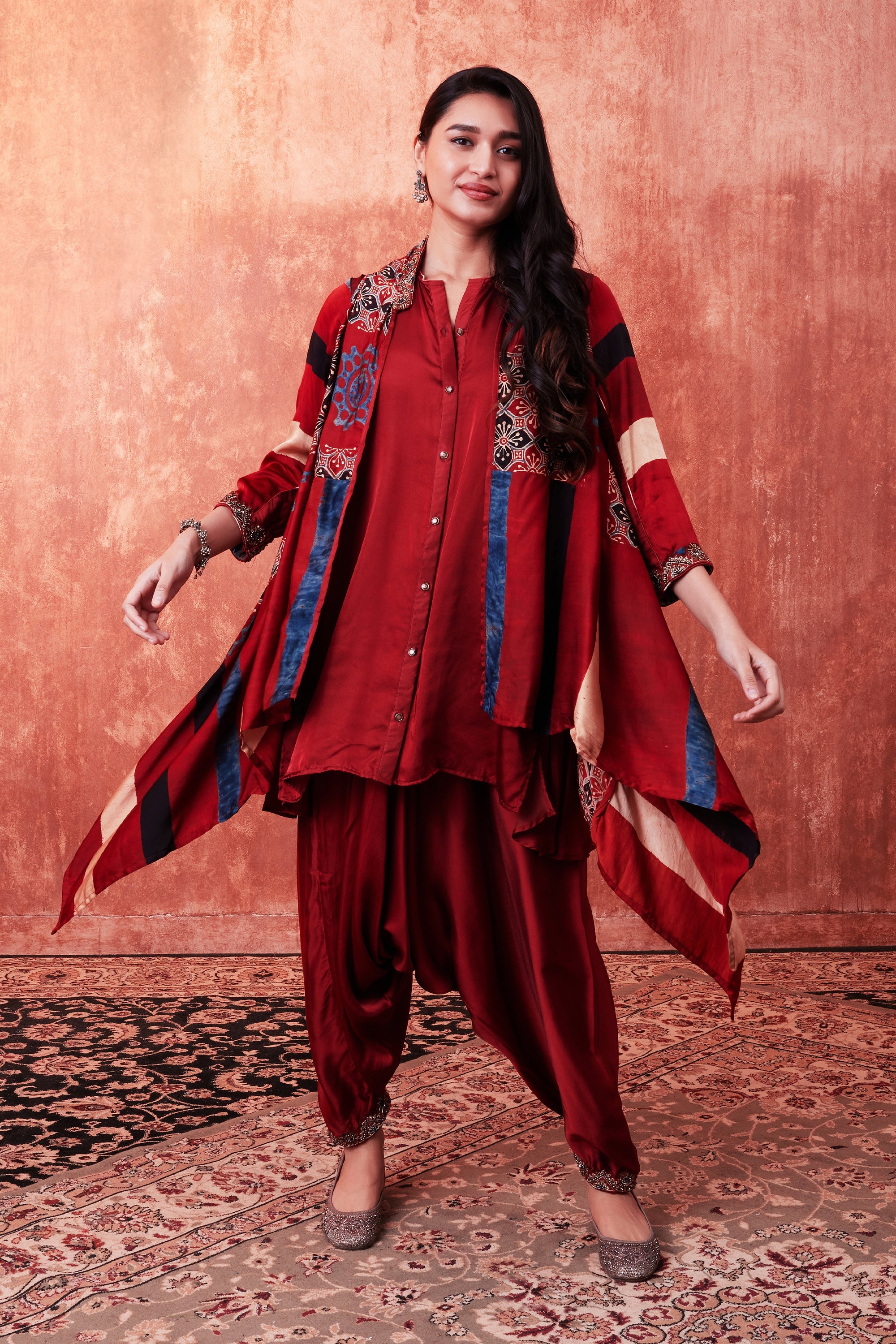 Ruby Red Ajrakh Printed Habutai Silk Cape Suit Set