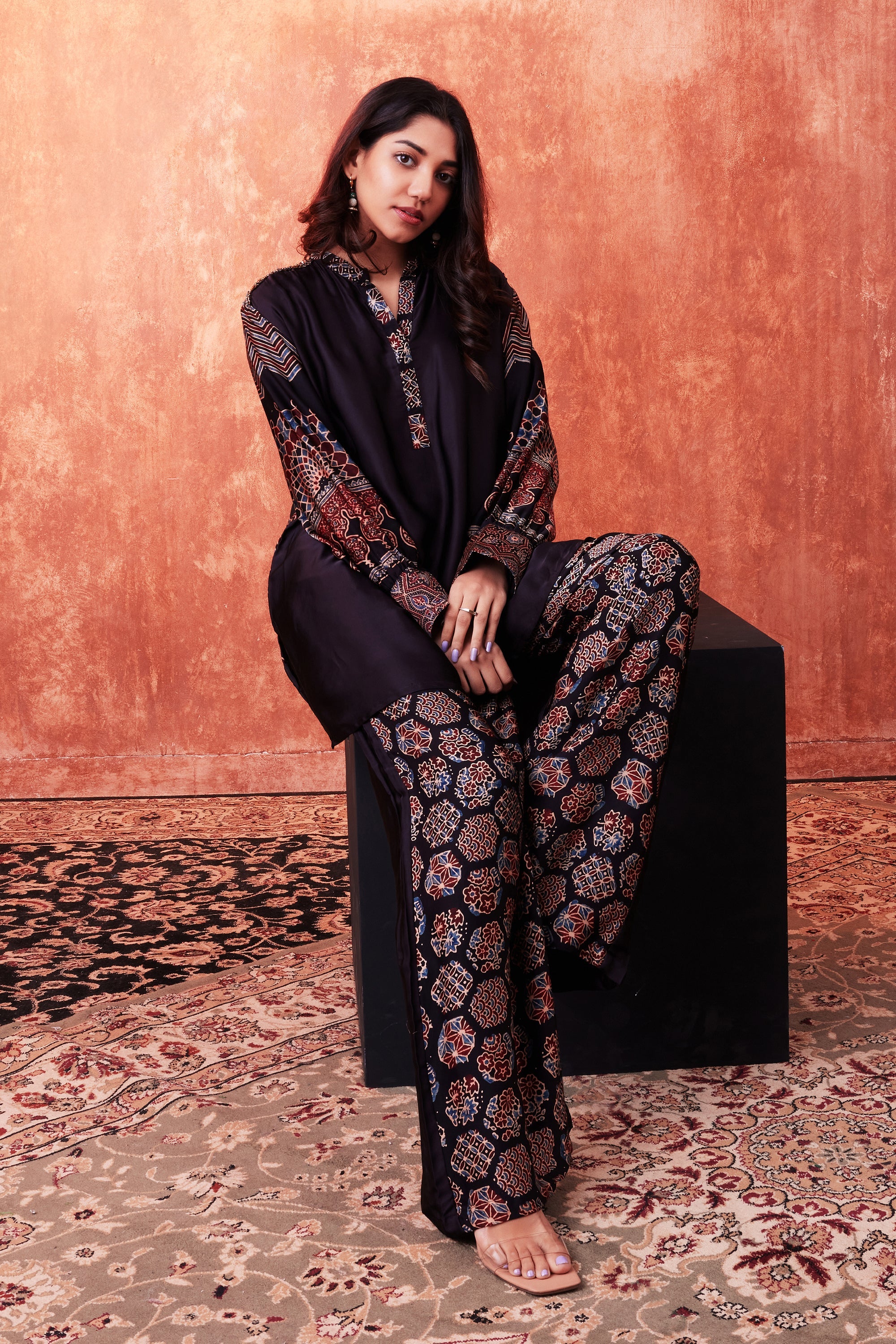 Warm Black Ajrakh Printed Habutai Silk Co-Ord Set