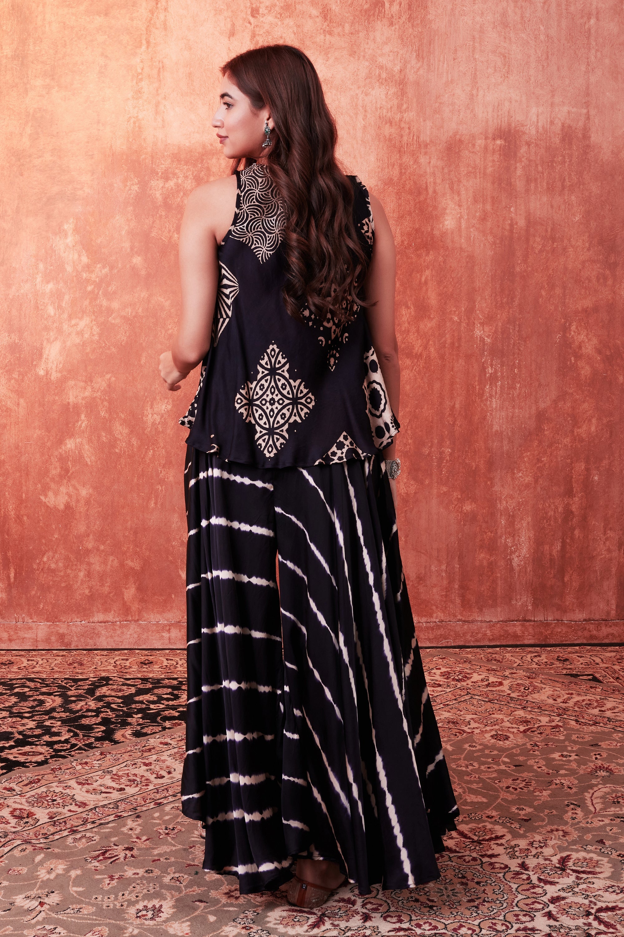 Warm Black Ajrakh Printed Habutai Silk Tunic & Palazzo Set