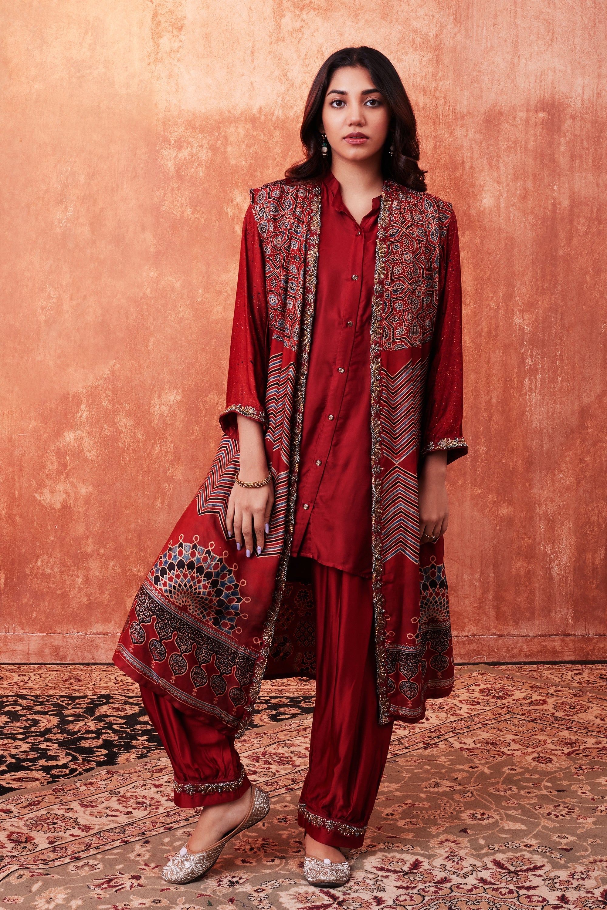 Ruby Red Ajrakh Printed Premium Silk Cape Co-Ord Set