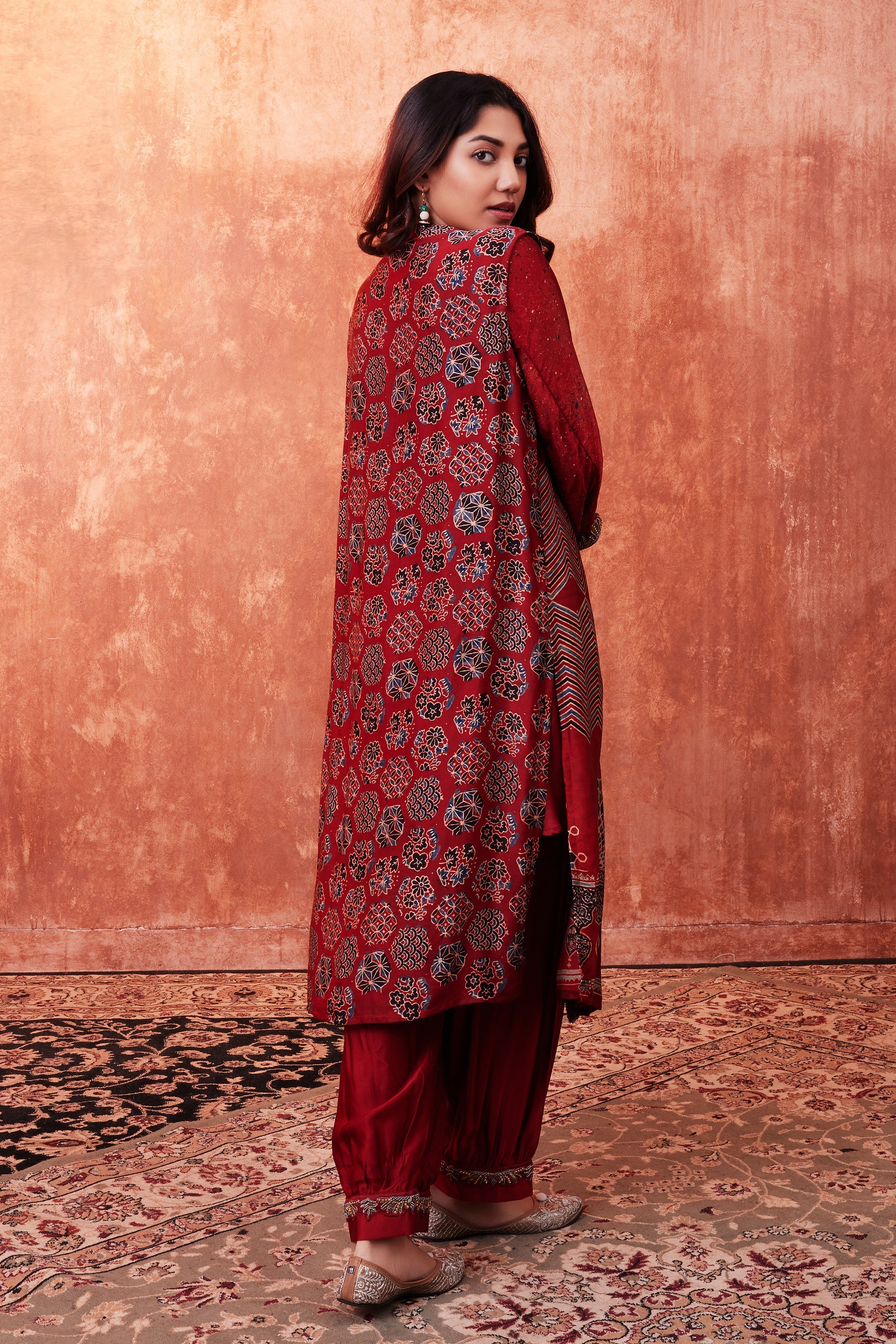 Ruby Red Ajrakh Printed Premium Silk Cape Co-Ord Set