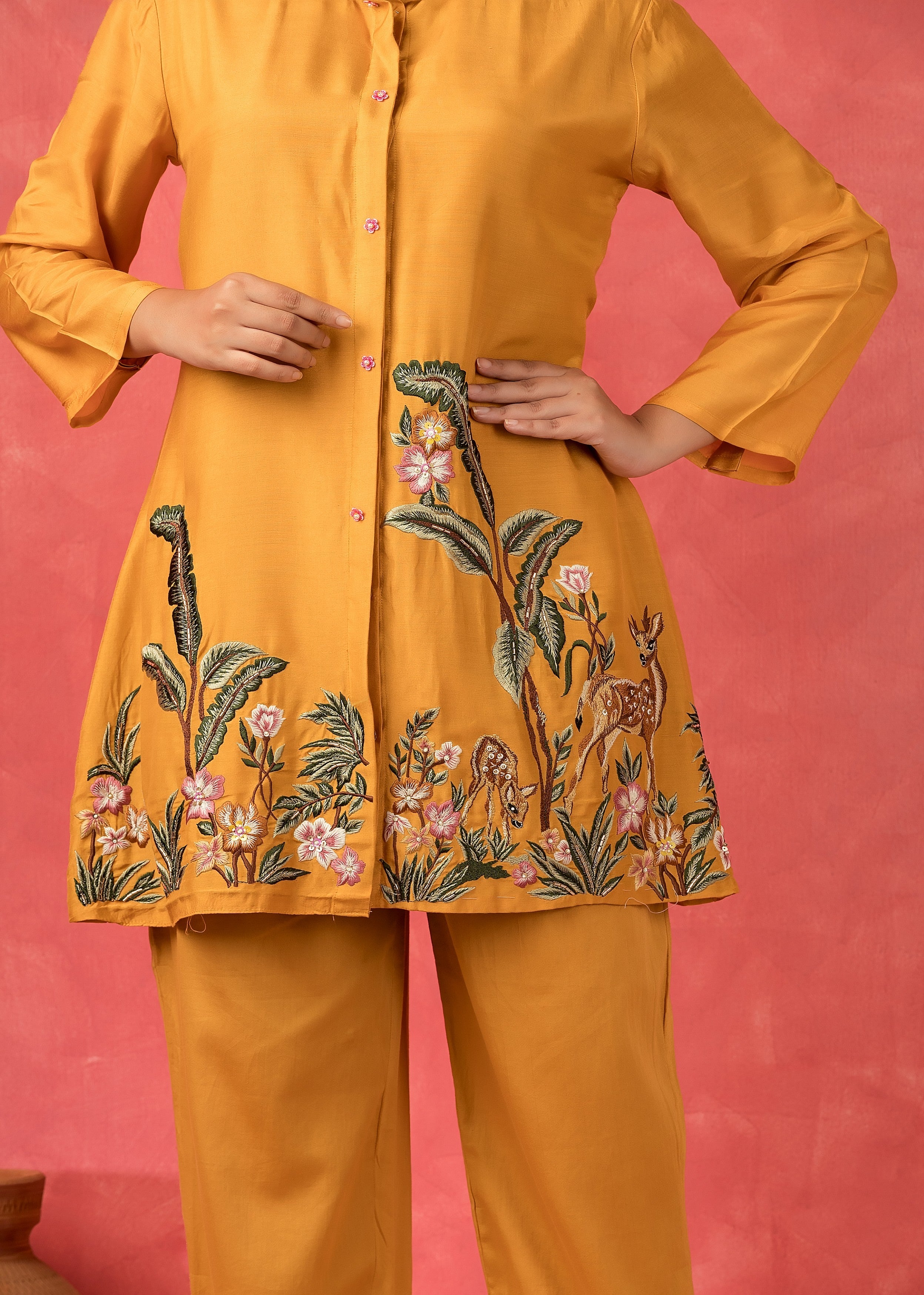 Golden Yellow Embroidered Muslin Silk Co-Ord Set