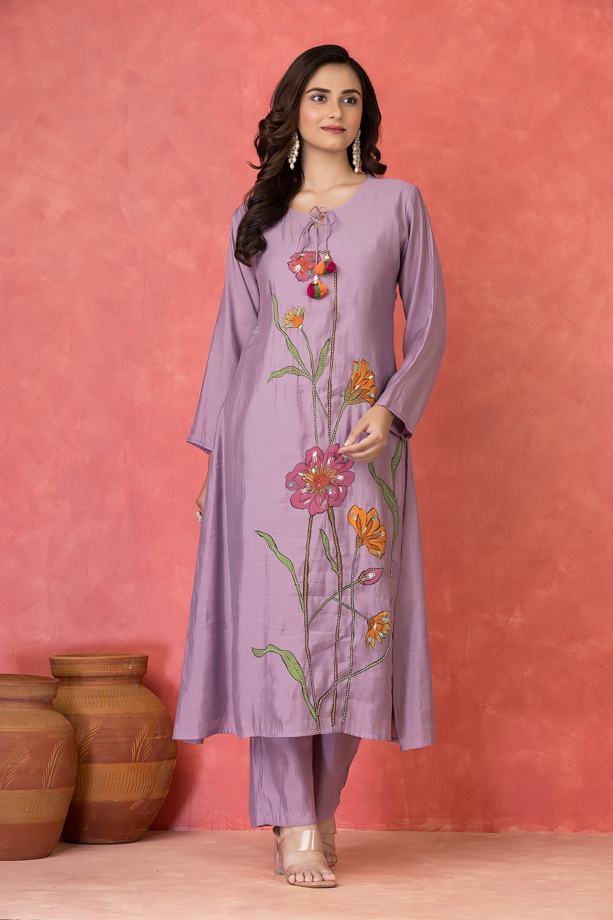 Lavender Bloom Embellished Premium Silk Kurta Set