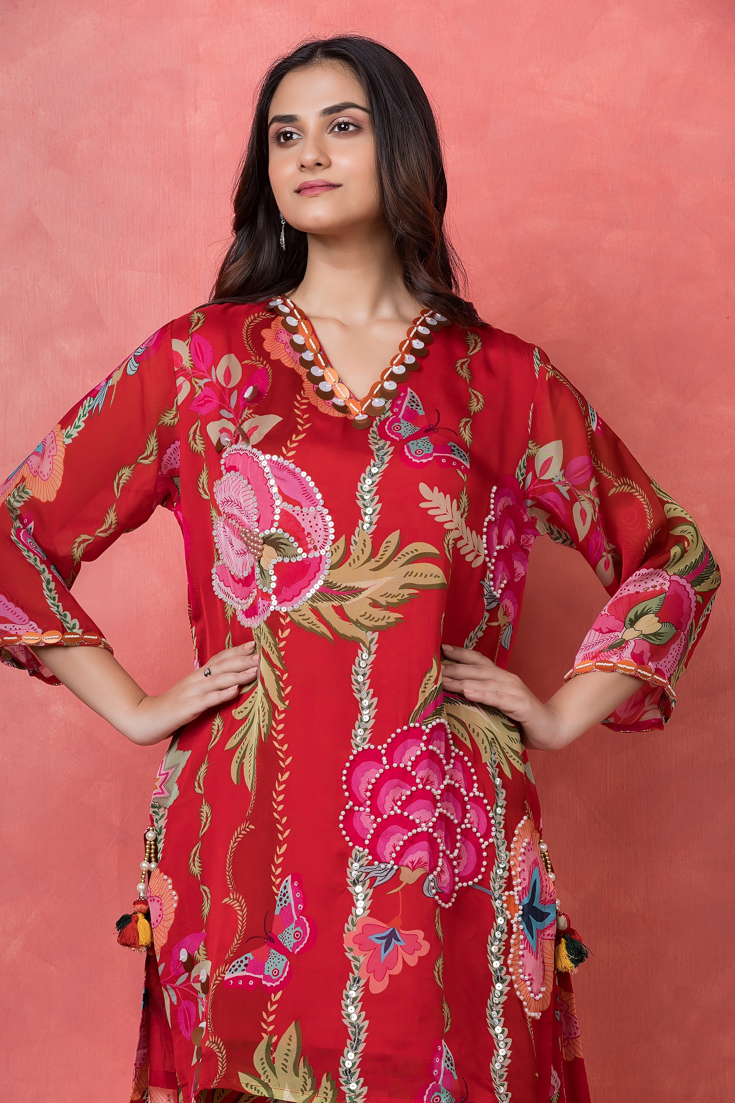 Crimson Red Floral Printed Organza Silk Kurta Set