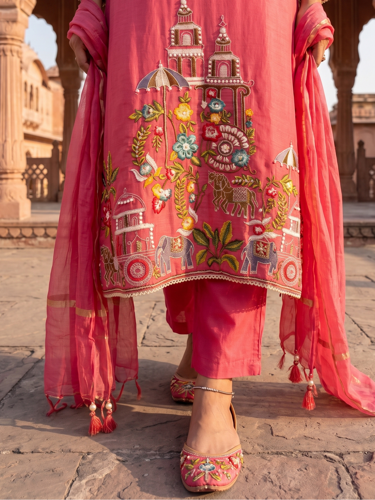 Coral Regal Embroidered Mul-Chanderi Pant Set