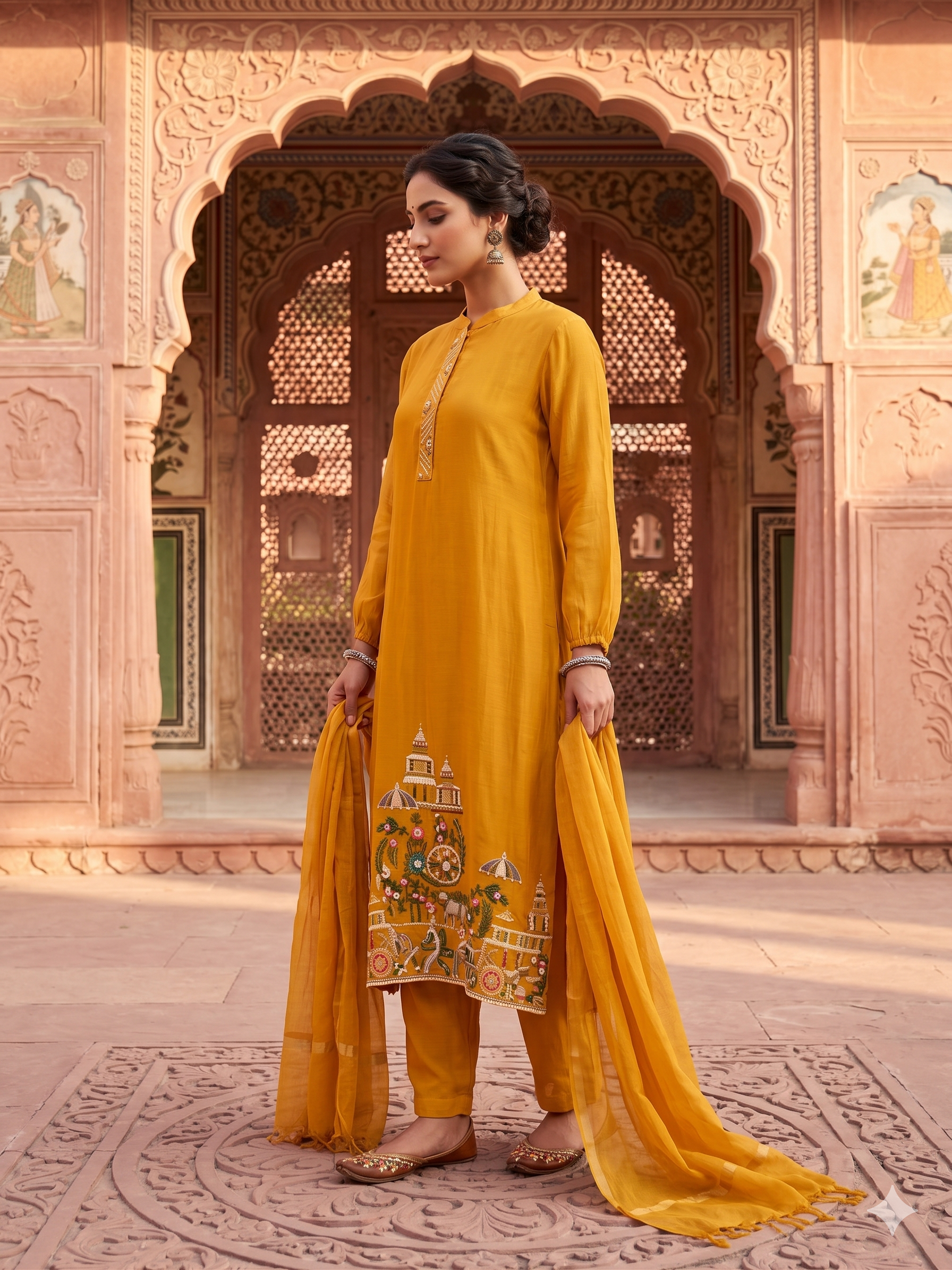 Gold Regal Embroidered Mul-Chanderi Pant Set