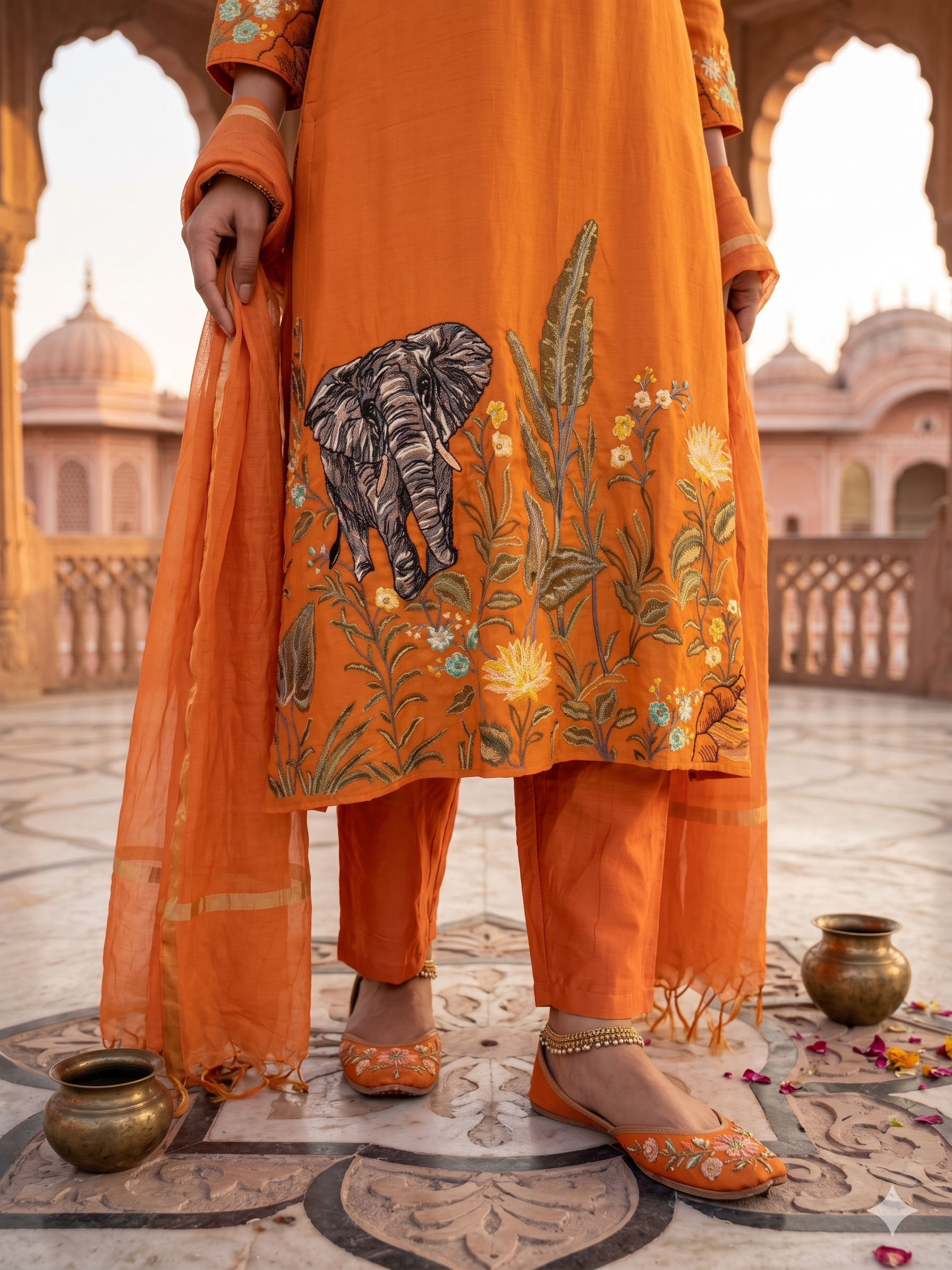Amber Elephant Embroidered Mul-Chanderi Pant Set