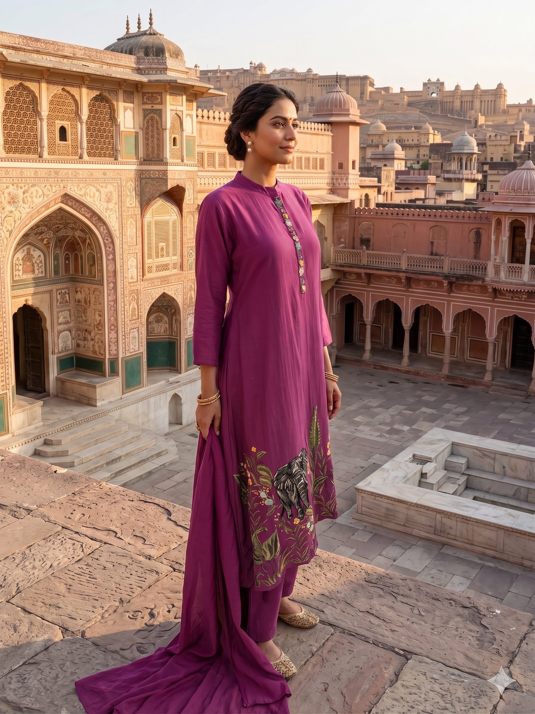 Plum Elephant Embroidered Mul-Chanderi Pant Set