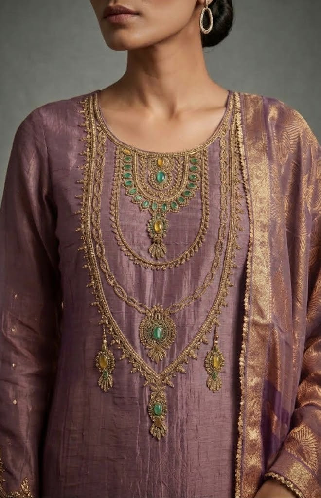 Dusty Lavender Embellished Shimmer Tissue Silk Pant Set