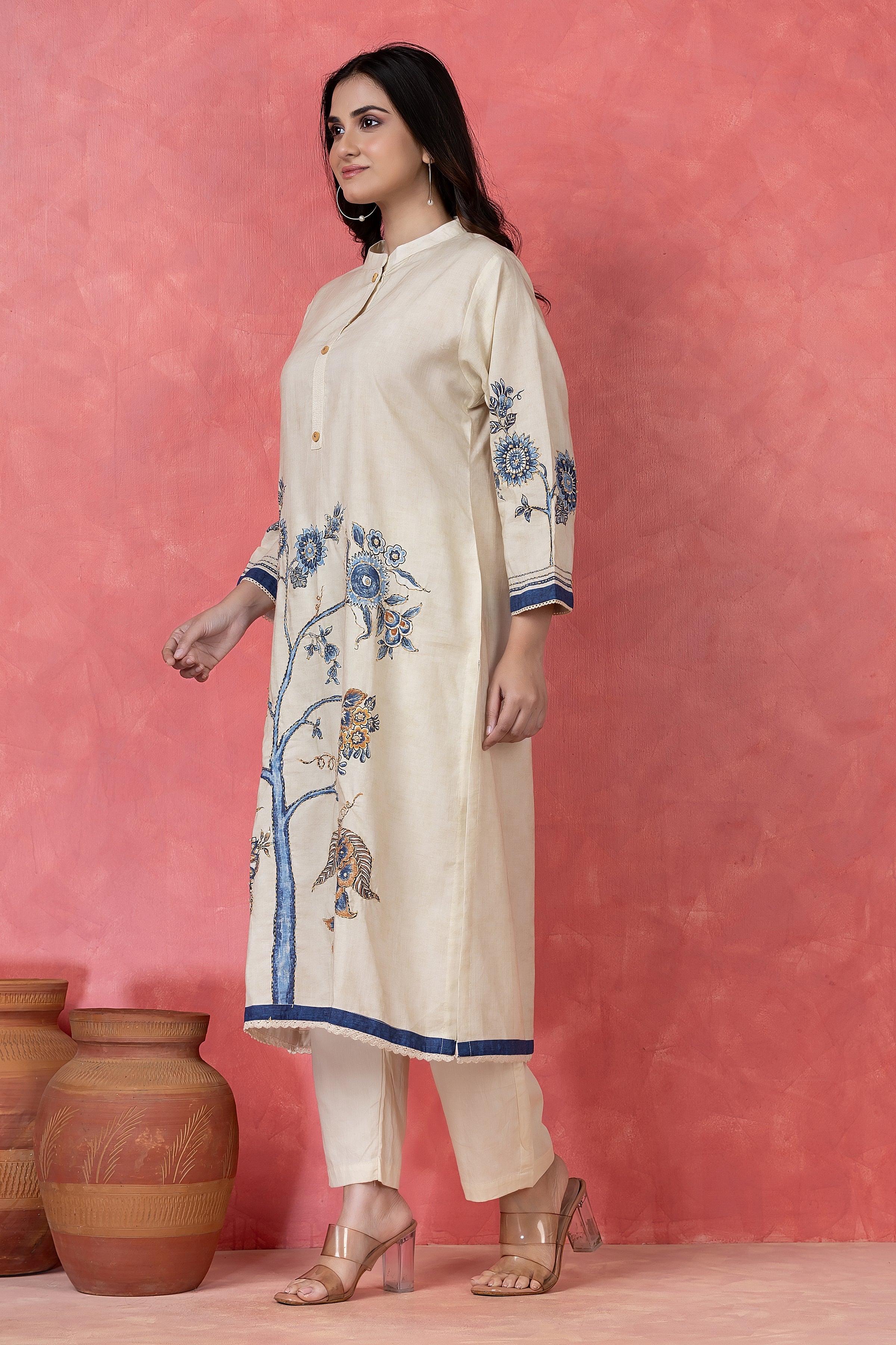 Indigo Floral Embroidered Cotton Pant Set
