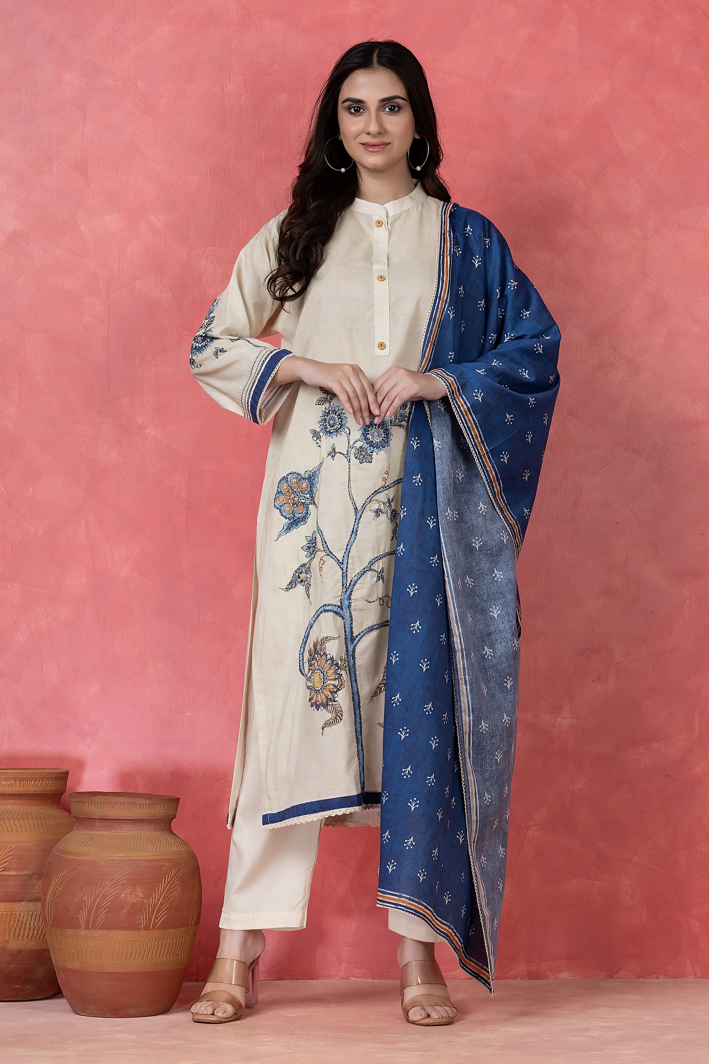 Indigo Floral Embroidered Cotton Pant Set