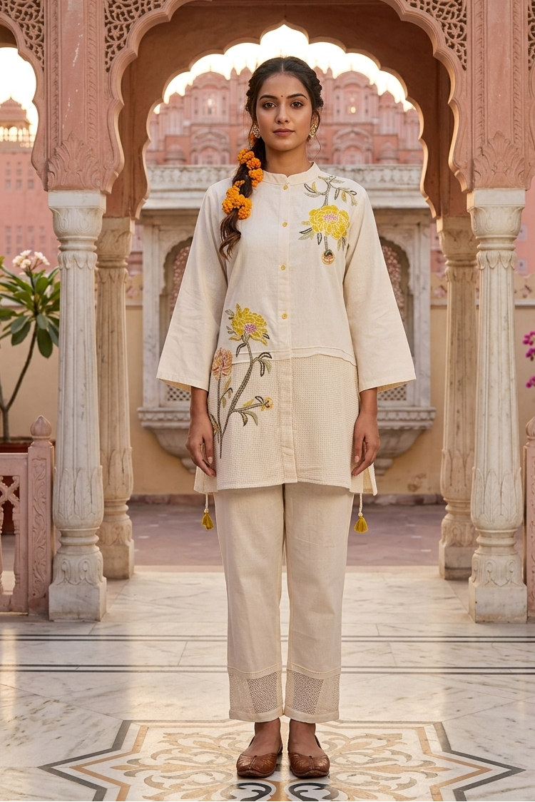 Off-White Embellished Cotton Co-Ord Set