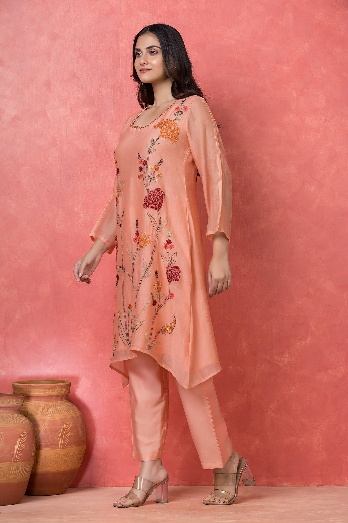 Peach Coral Embroidered Mul Chanderi Silk Kurta Set