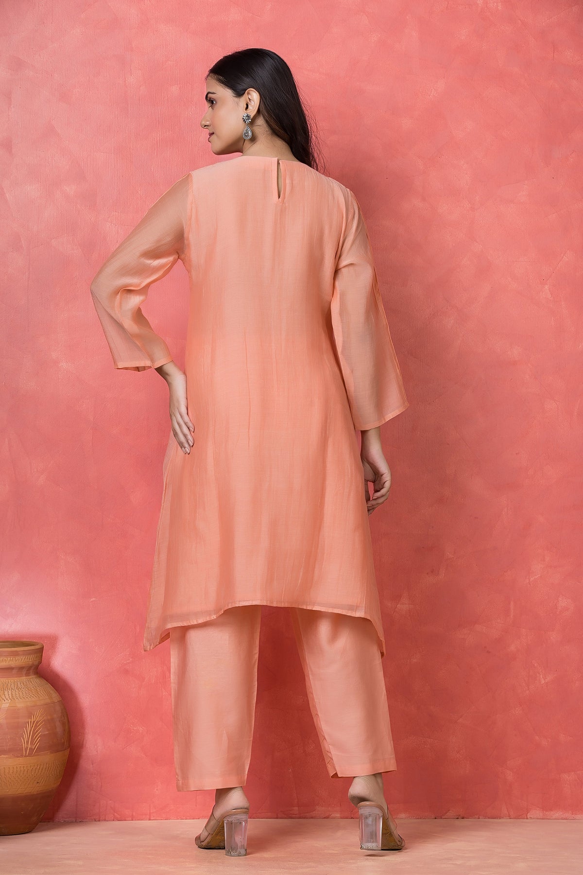 Peach Coral Embroidered Mul Chanderi Silk Kurta Set