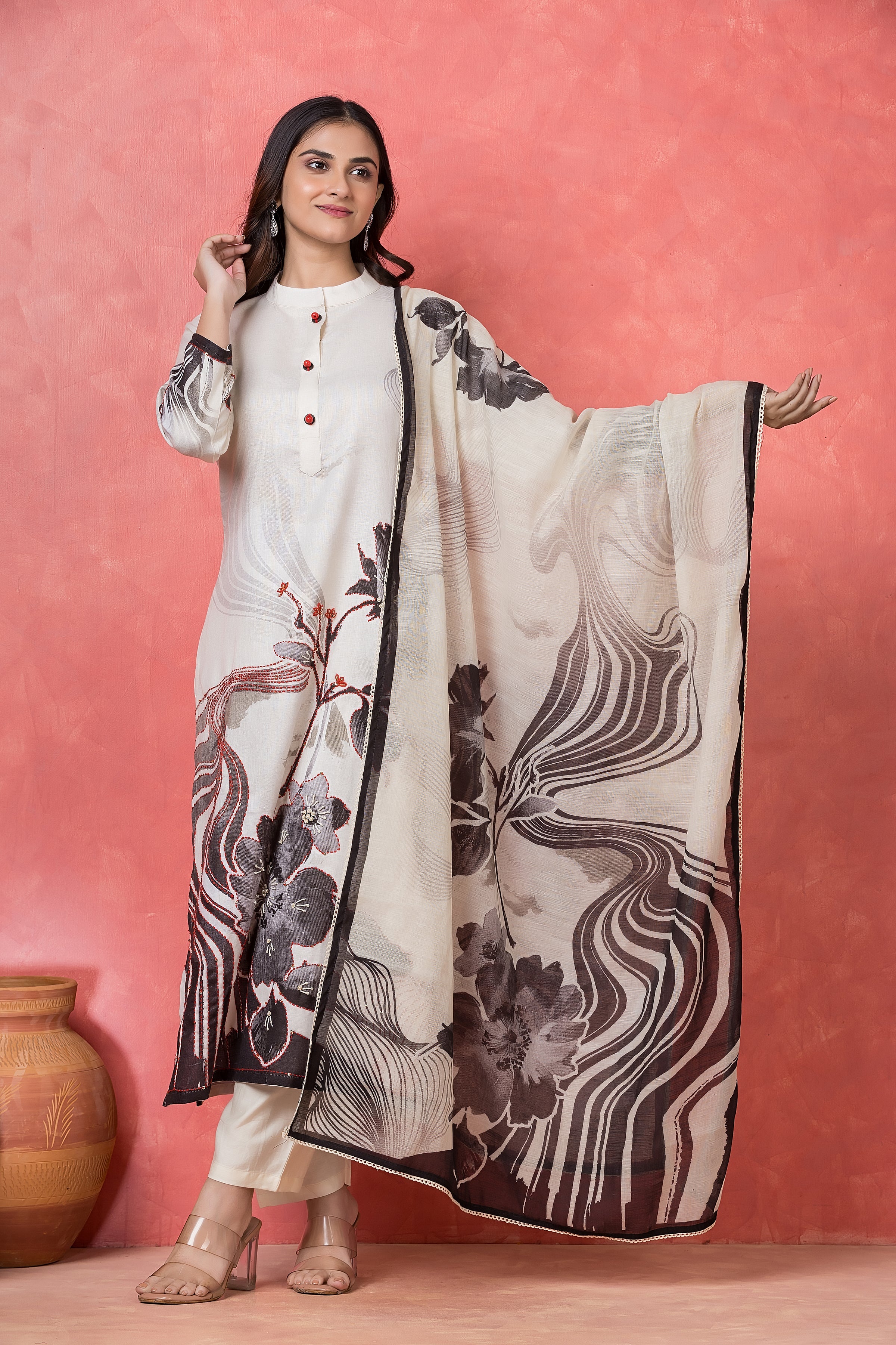 Monochrome Charcoal Printed Cotton Pant Set