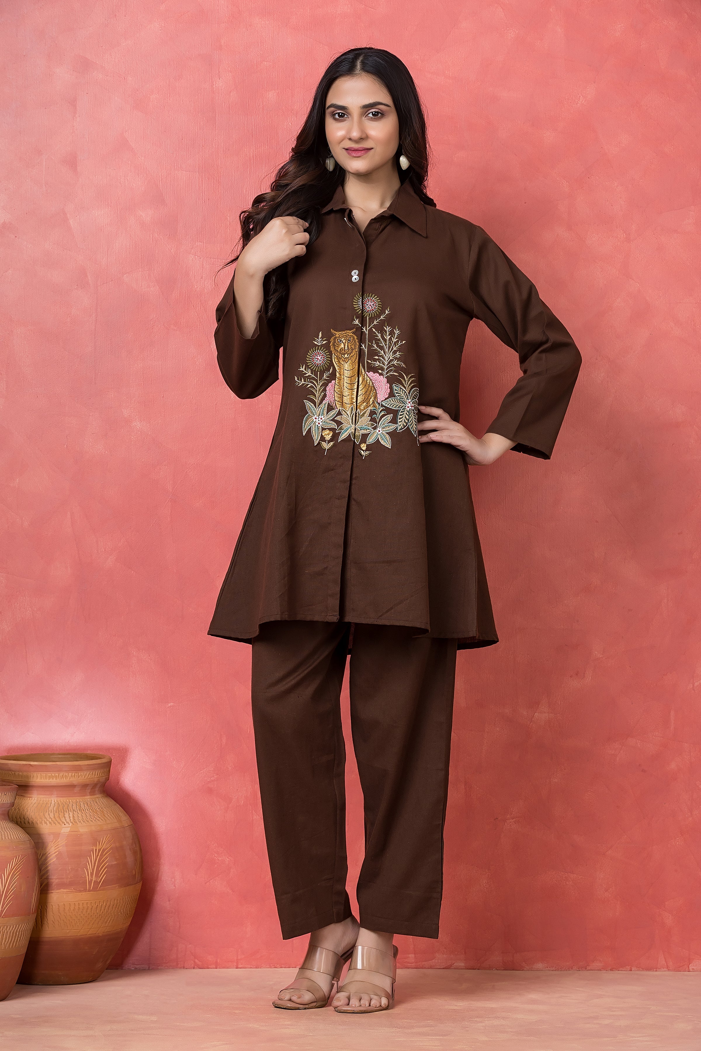 Deep Coffee Brown Embroidered Cotton Co-Ord Set
