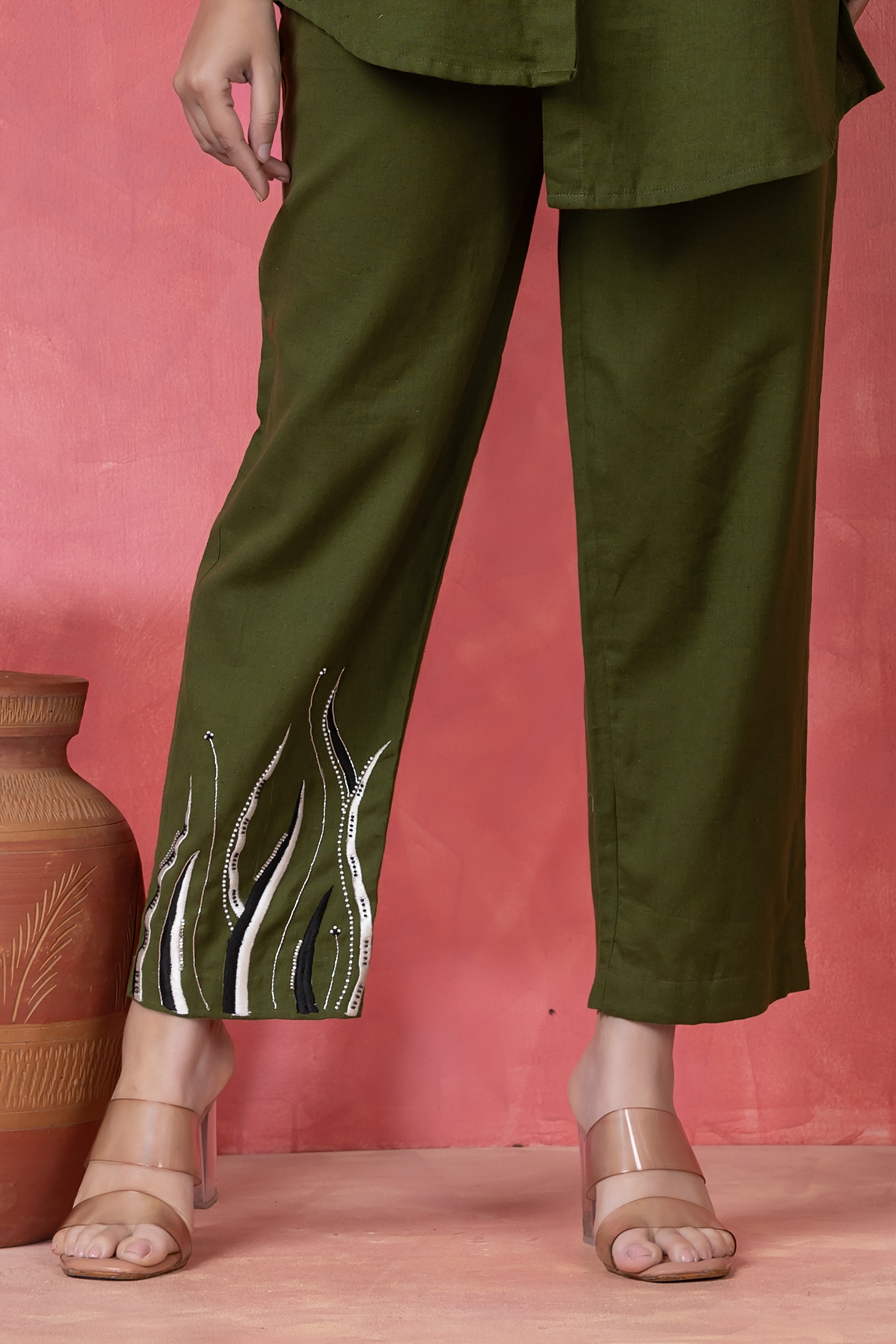 Olive Green Embroidered Cotton Co-Ord Set