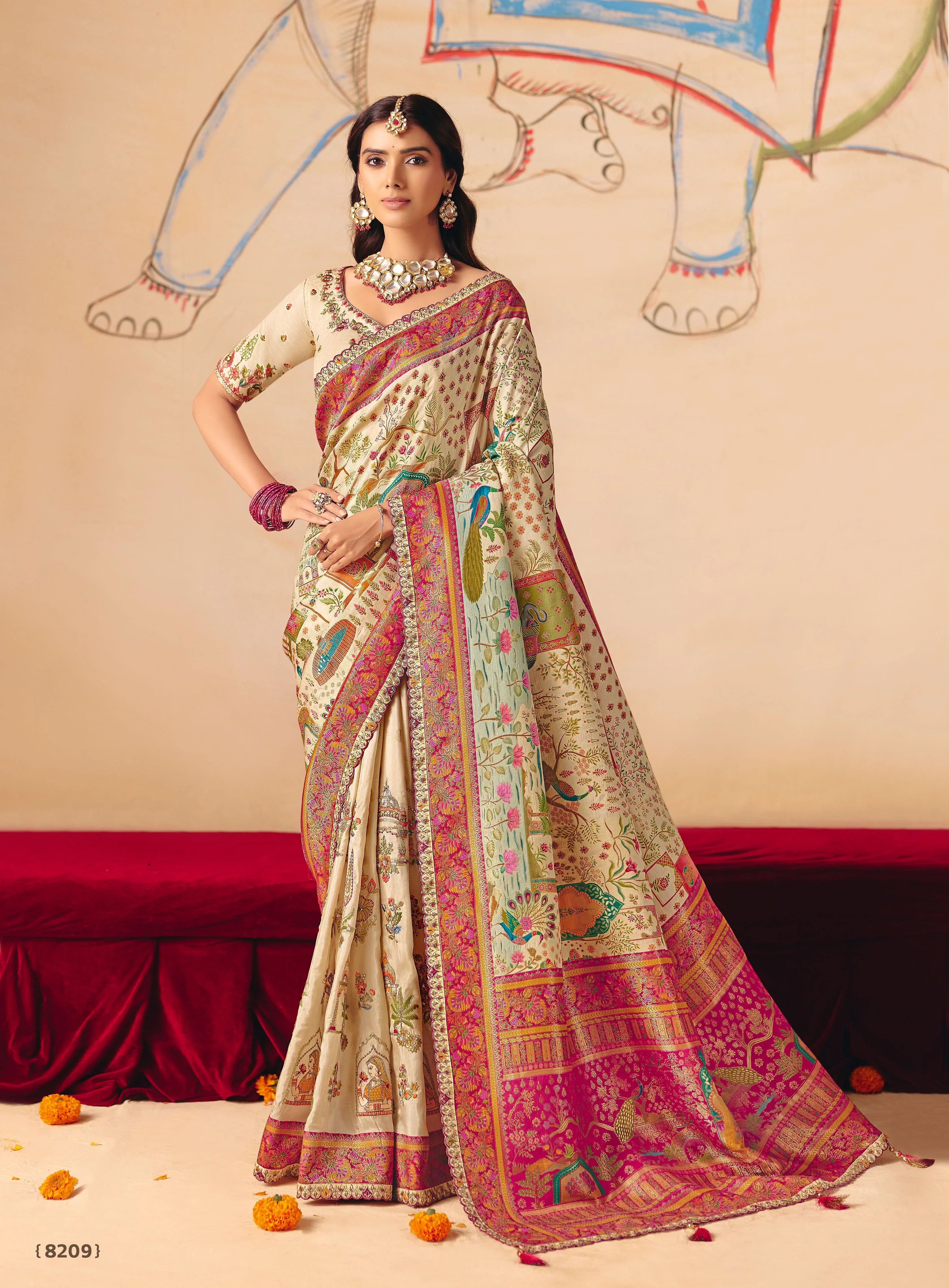 Creamy Beige Embellished Dola Silk Saree