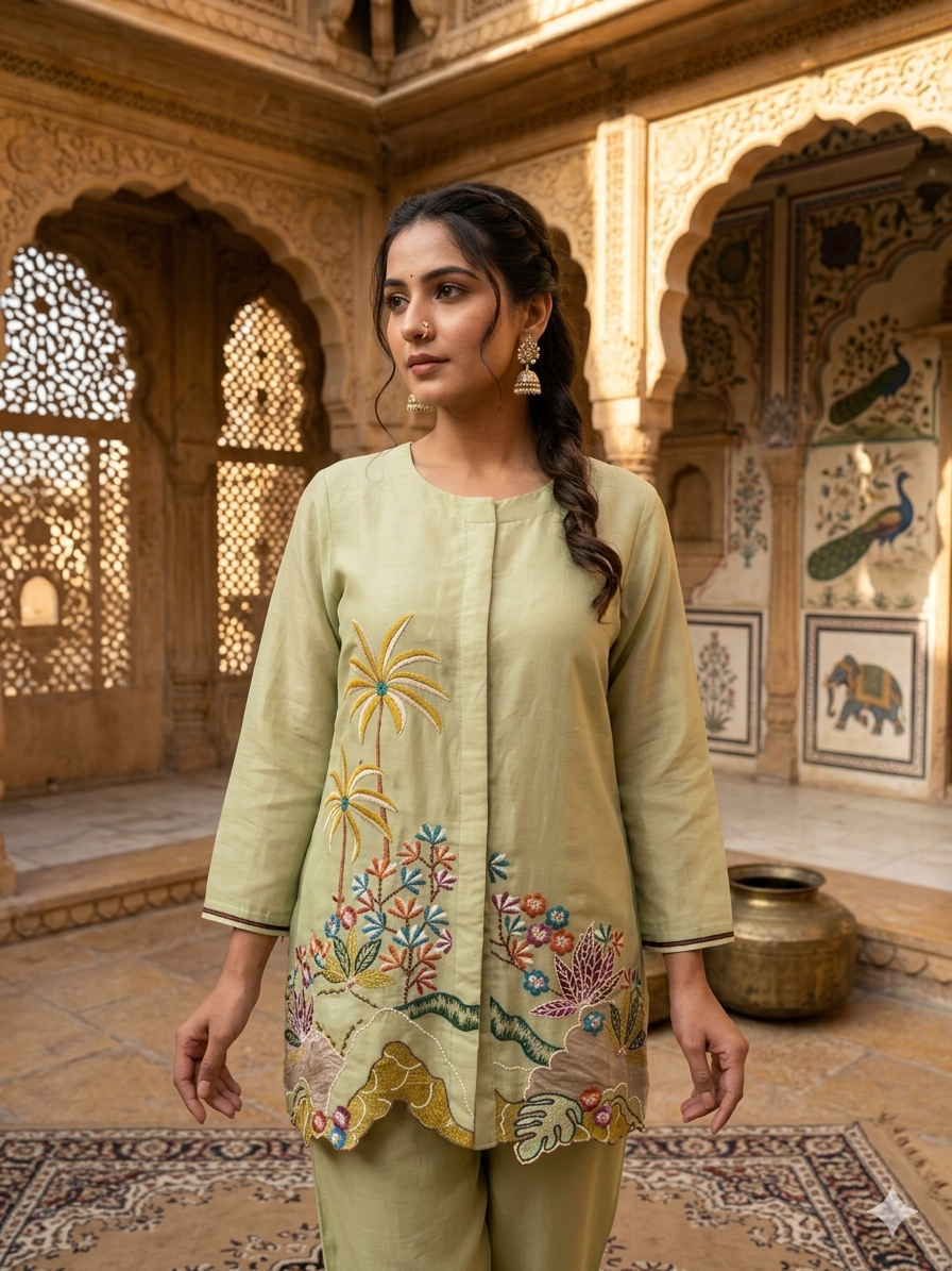 Pista Green Embroidered Cotton Co-Ord Set
