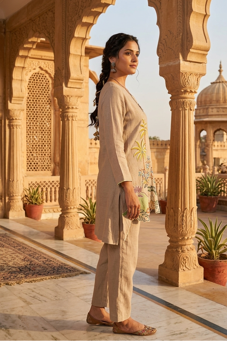 Taupe Embroidered Cotton Co-Ord Set