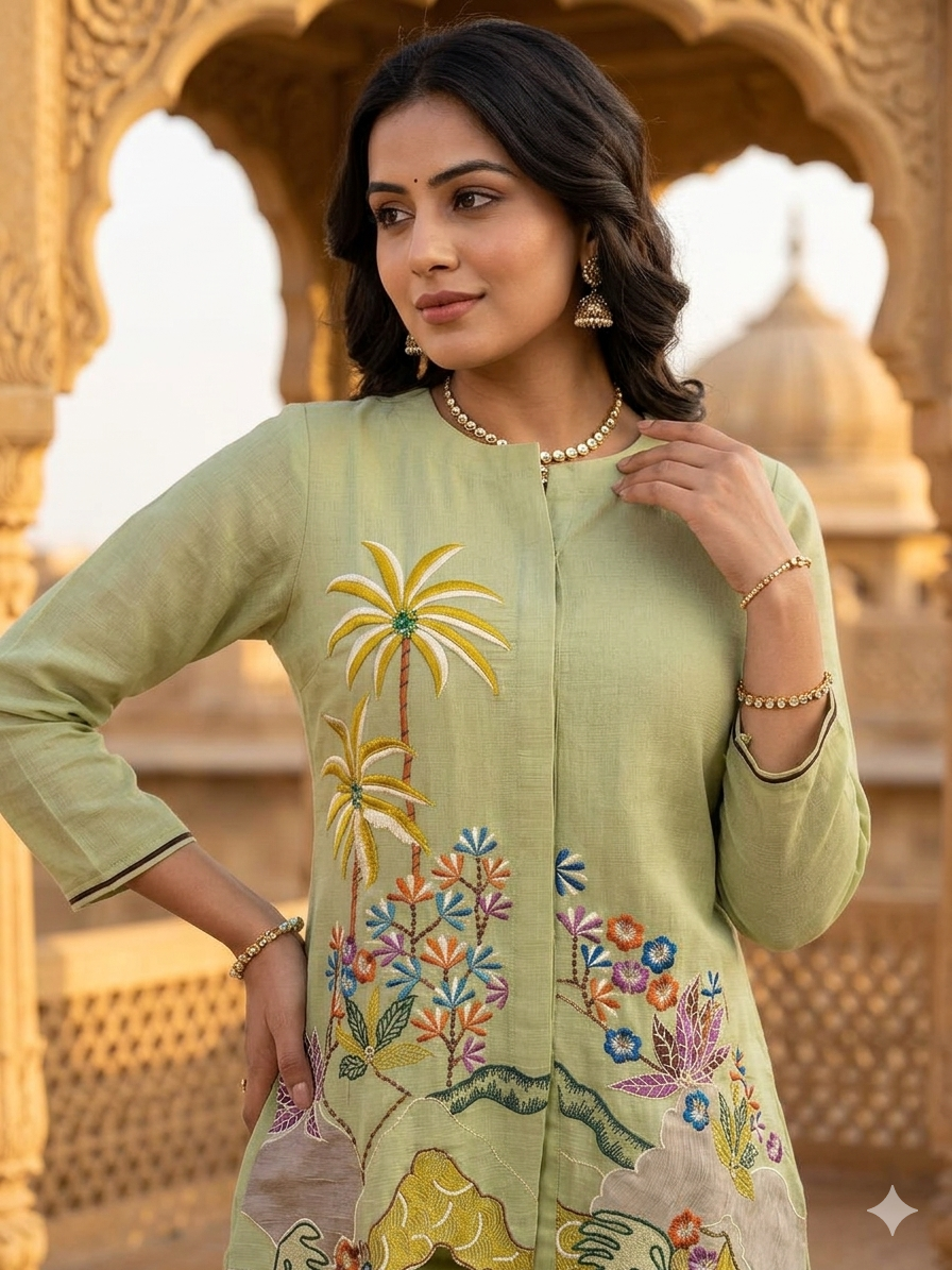 Pista Green Embroidered Cotton Co-Ord Set