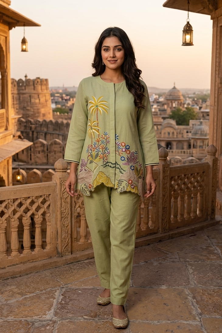 Pista Green Embroidered Cotton Co-Ord Set